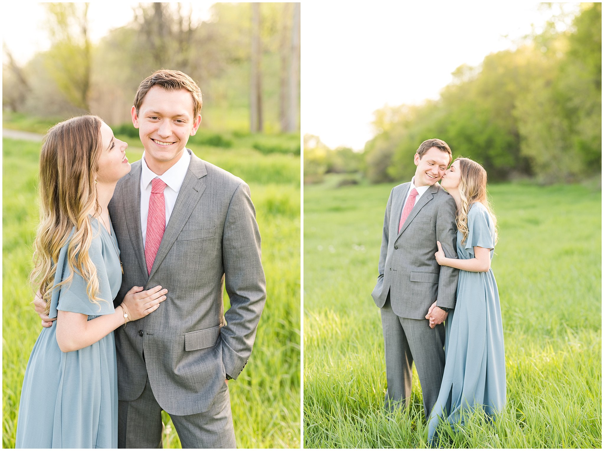 Couple dressed up in flowy blue dress and grey suit for engagement in the woods | Utah Engagement | Jessie and Dallin Photography