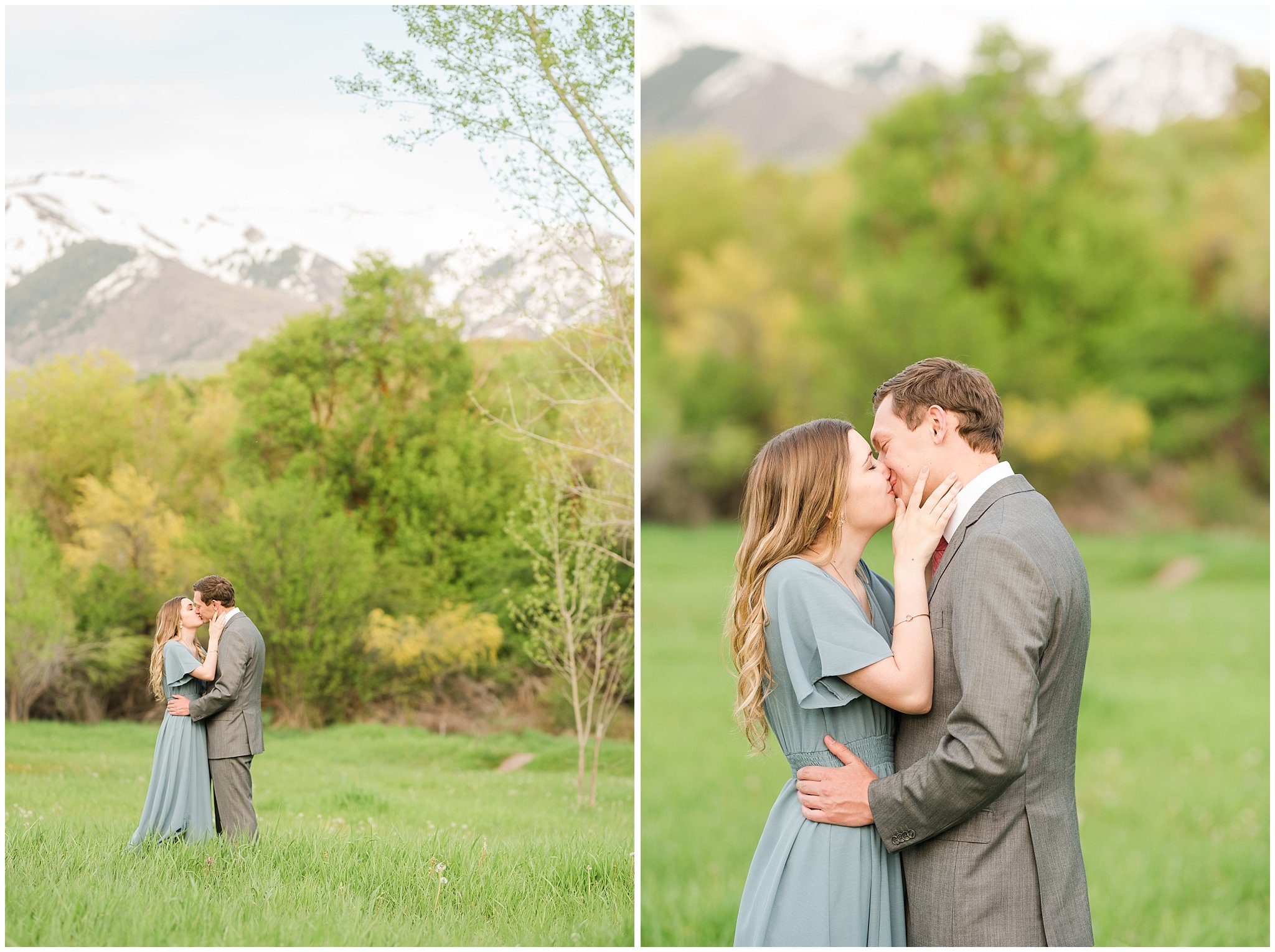 Couple dressed up in flowy blue dress and grey suit for engagement in the woods | Utah Engagement | Jessie and Dallin Photography