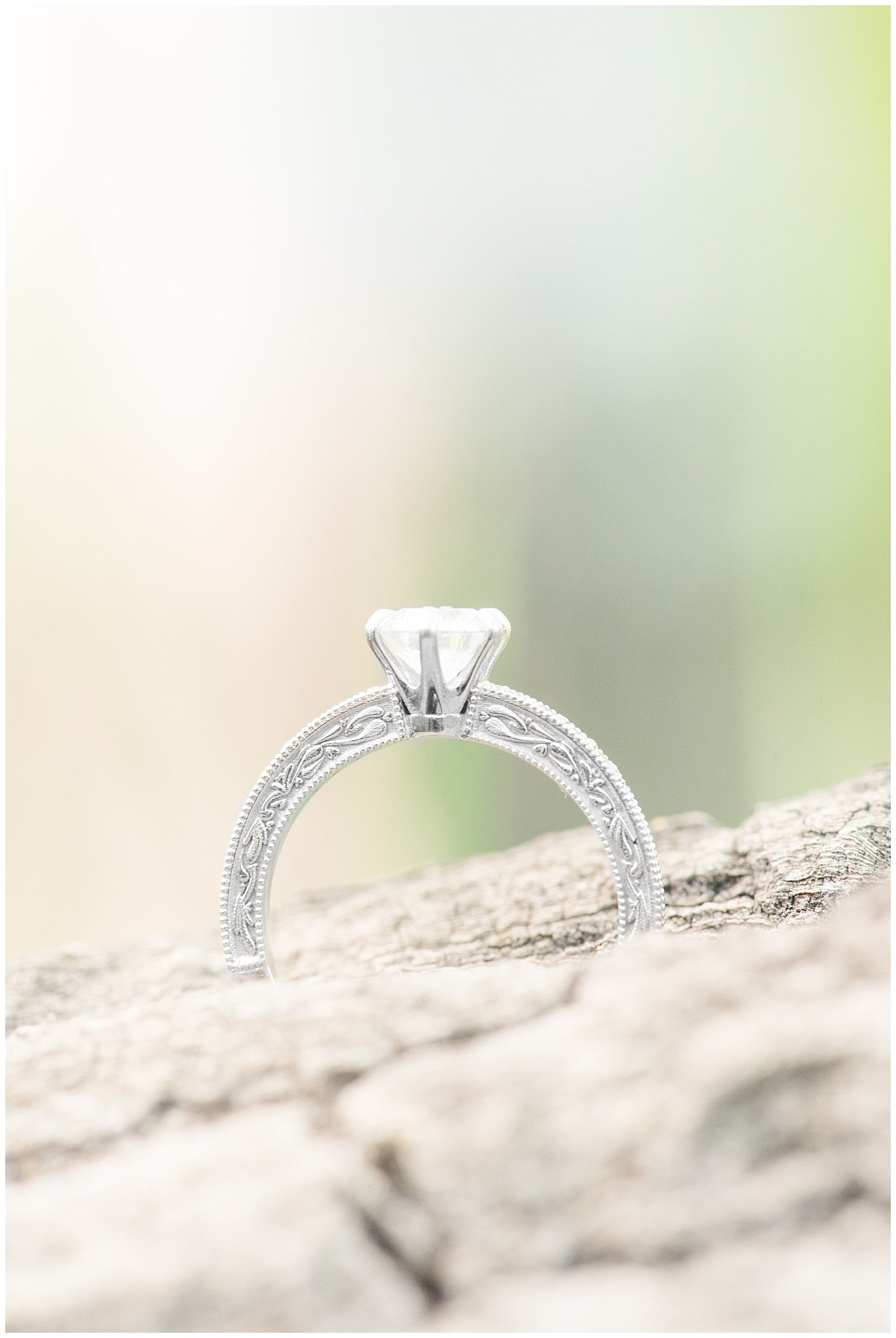 Engagement Ring with detail on the sides | Ring shot in the woods | Ogden Valley Spring Mountain Engagement | Jessie and Dallin Photography