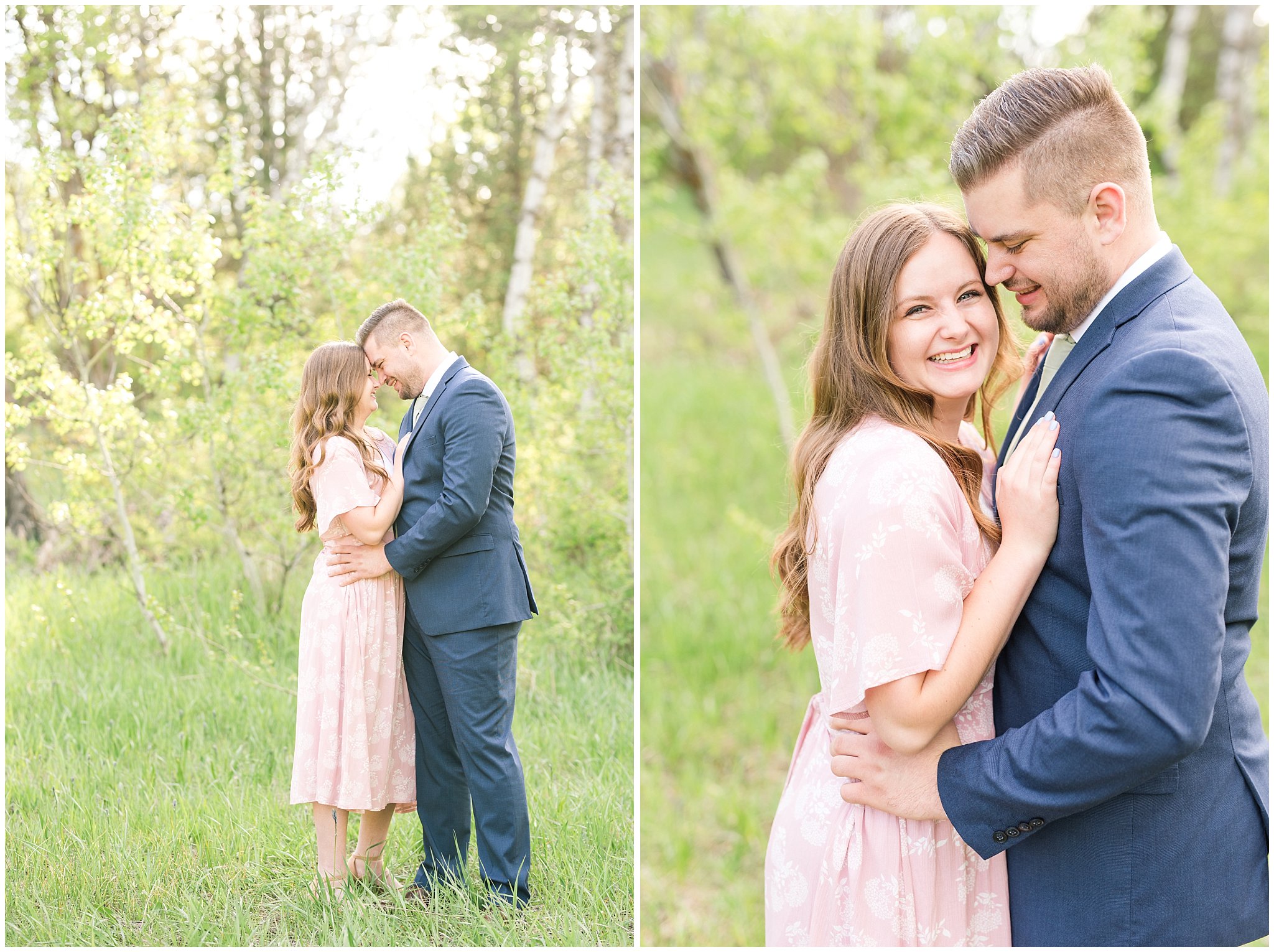 Couple dressed in blush dress and blue suit surrounded meadows and aspen trees | Ogden Valley Spring Mountain Engagement | Jessie and Dallin Photography