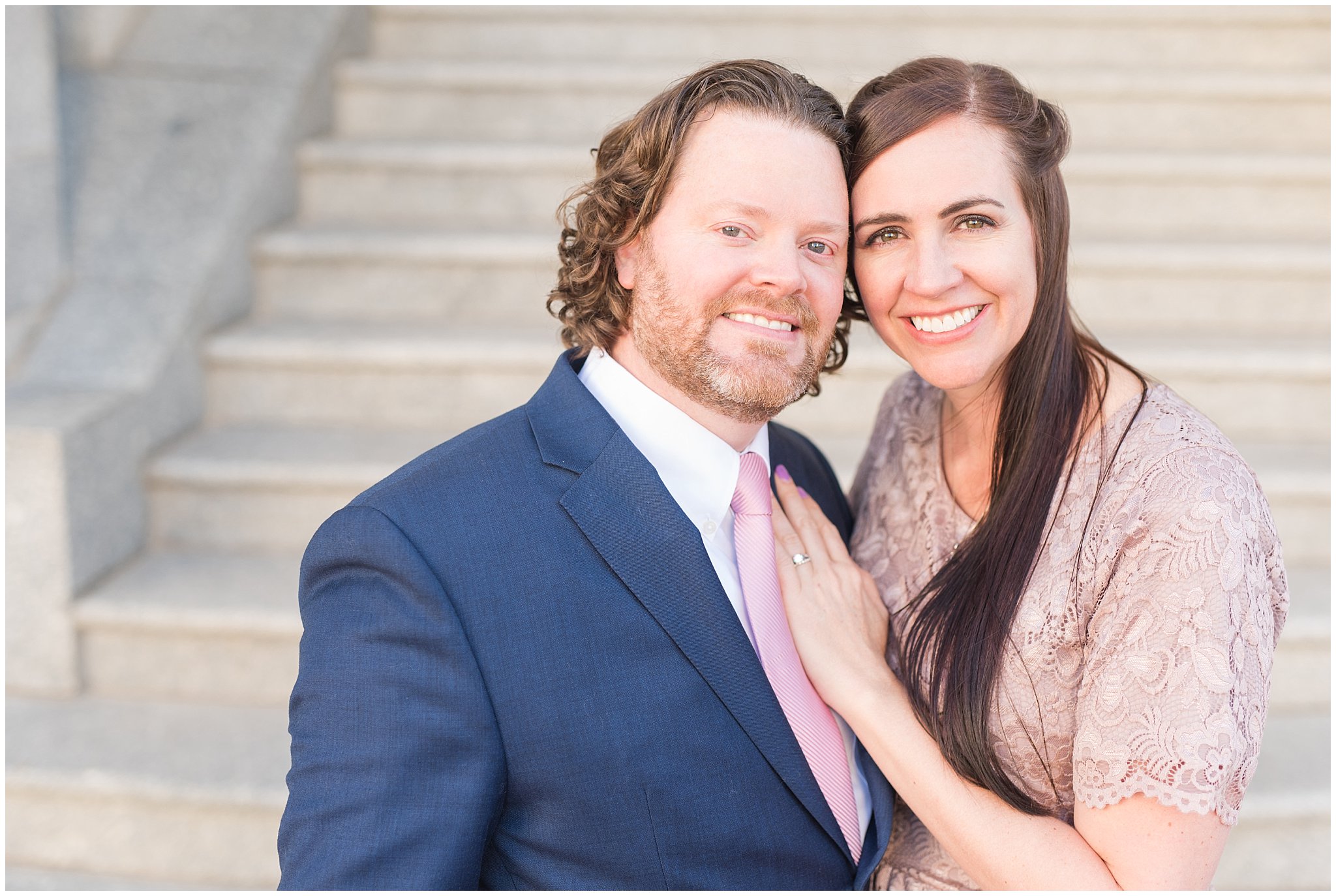 Couple in blue suit and blush dress after spring temple sealing | Sealing at the Salt Lake Temple and Grand America | Jessie and Dallin Photography