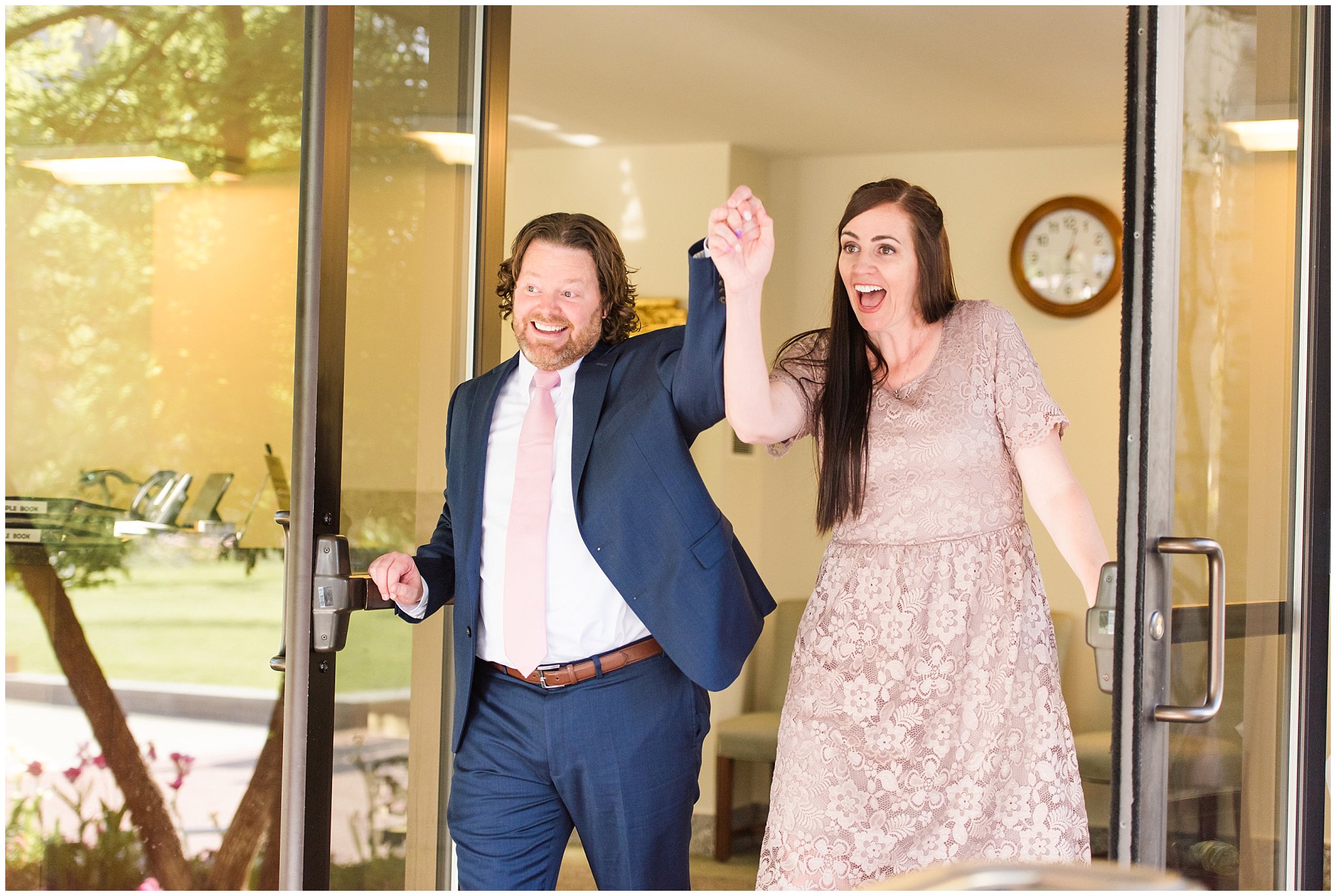 Couple in blue suit and blush dress after spring temple sealing | Sealing at the Salt Lake Temple and Grand America | Jessie and Dallin Photography