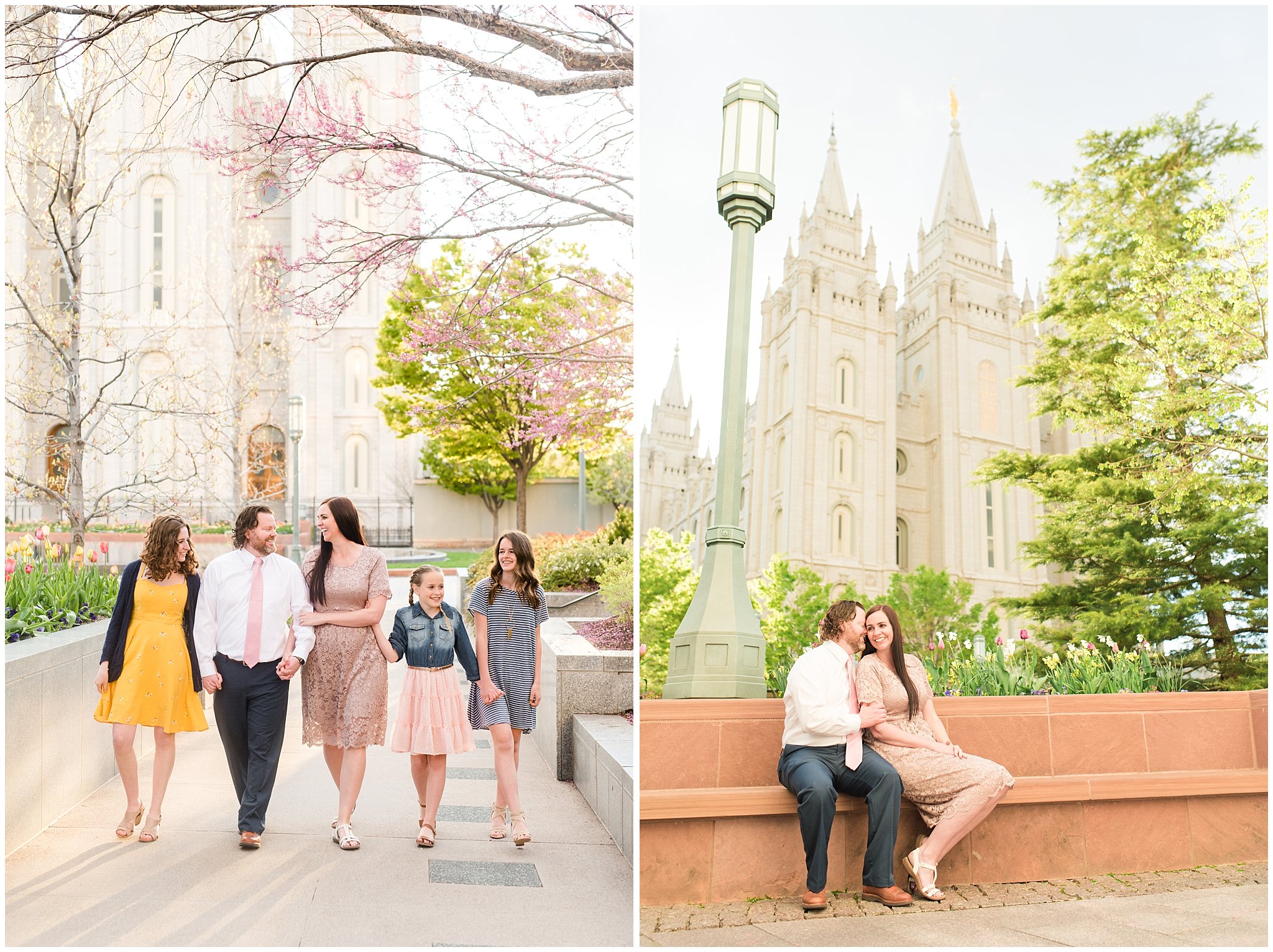 Family dressed up in blush, blue, and yellow after spring temple sealing | Sealing at the Salt Lake Temple and Grand America | Jessie and Dallin Photography