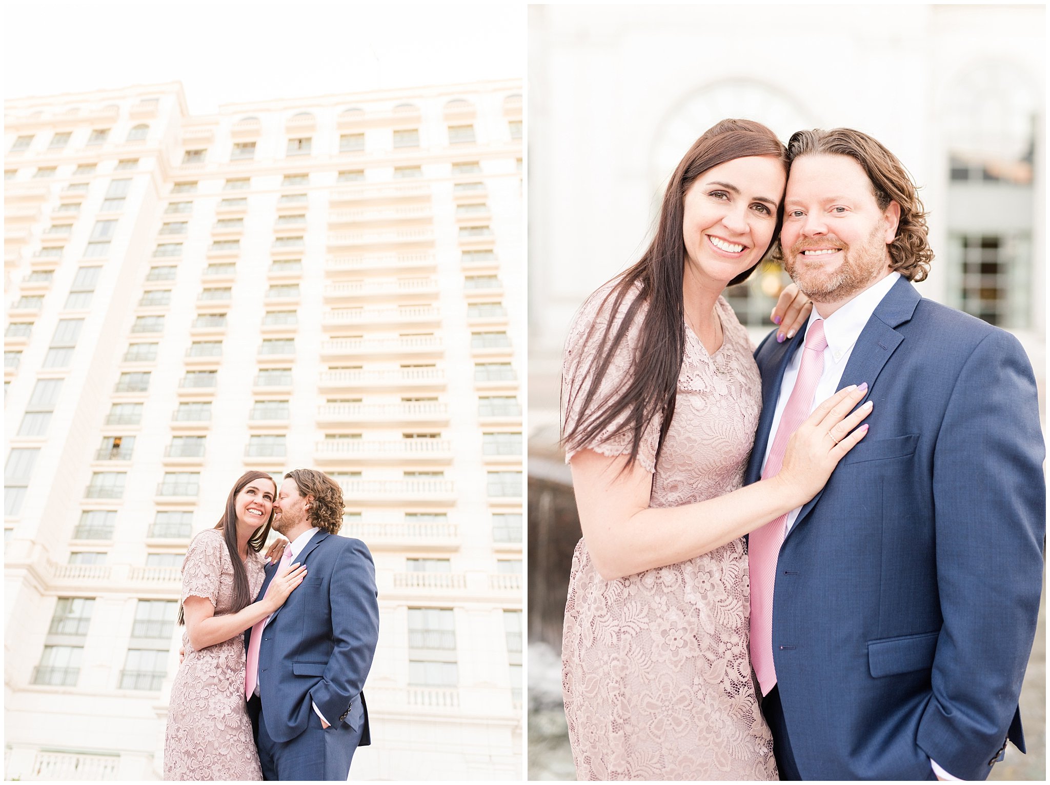 Couple in blue suit and blush dress outside at the Grand America Hotel | Sealing at the Salt Lake Temple and Grand America | Jessie and Dallin Photography