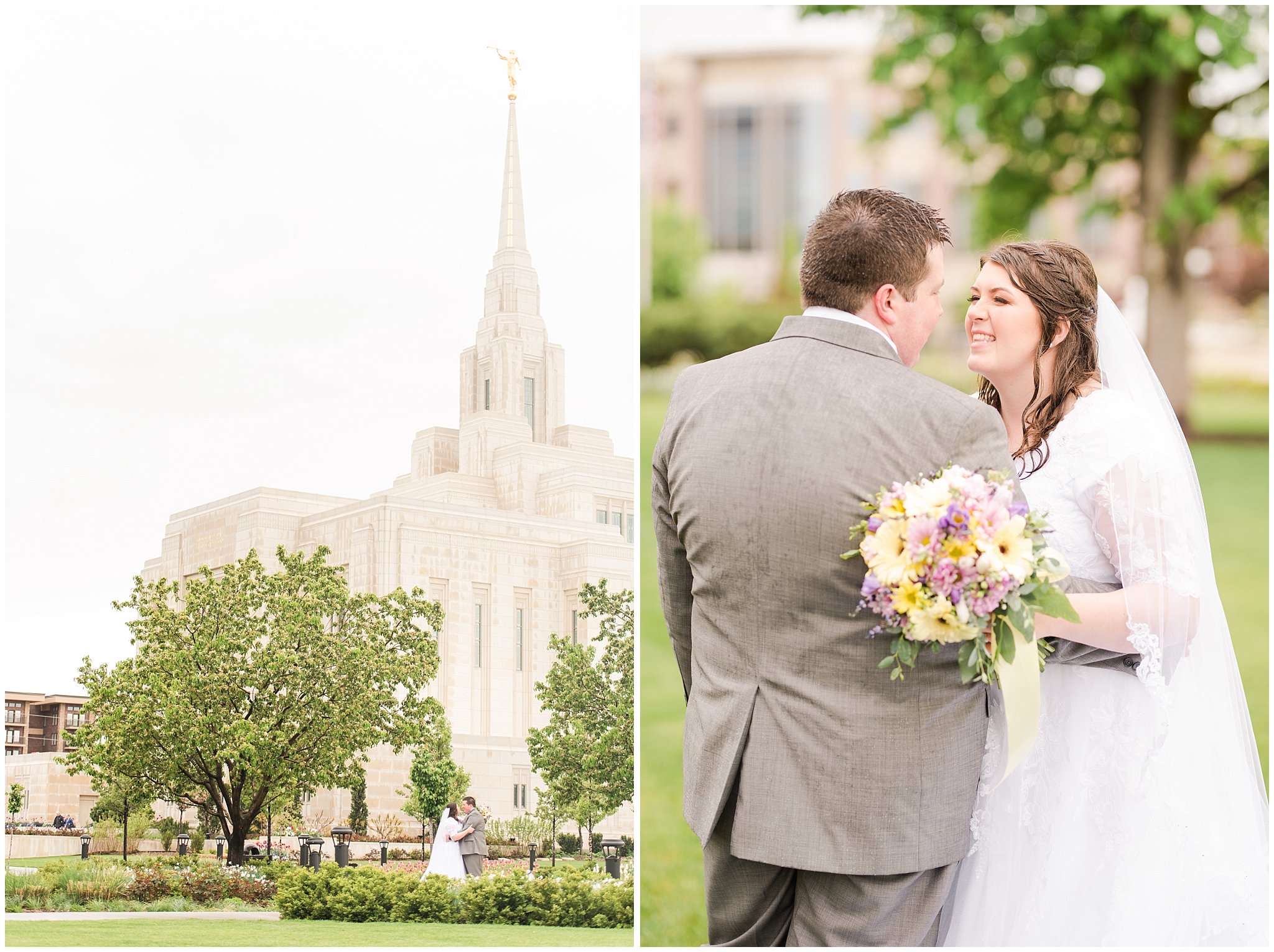 Bride and groom during rainy spring wedding at the Ogden Temple | Utah Wedding | Jessie and Dallin Photography