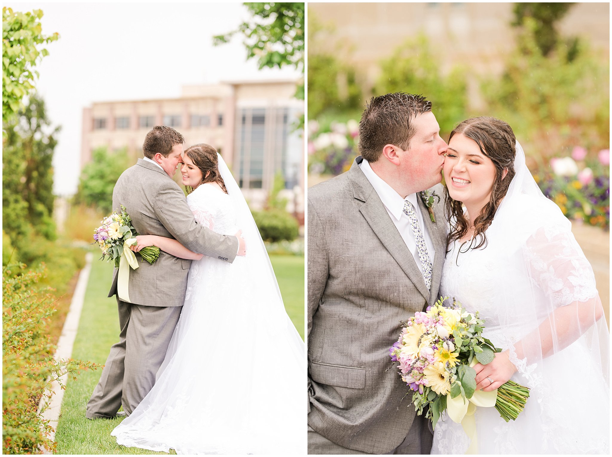 Bride and groom during rainy spring wedding at the Ogden Temple | Utah Wedding | Jessie and Dallin Photography