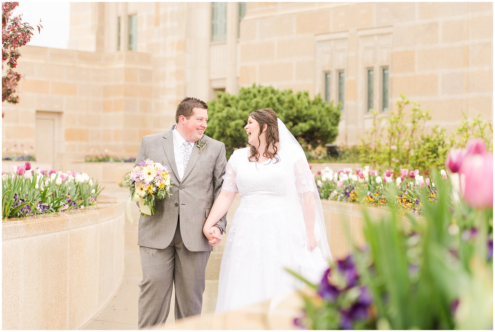 Bride and groom during rainy spring wedding at the Ogden Temple | Utah Wedding | Jessie and Dallin Photography