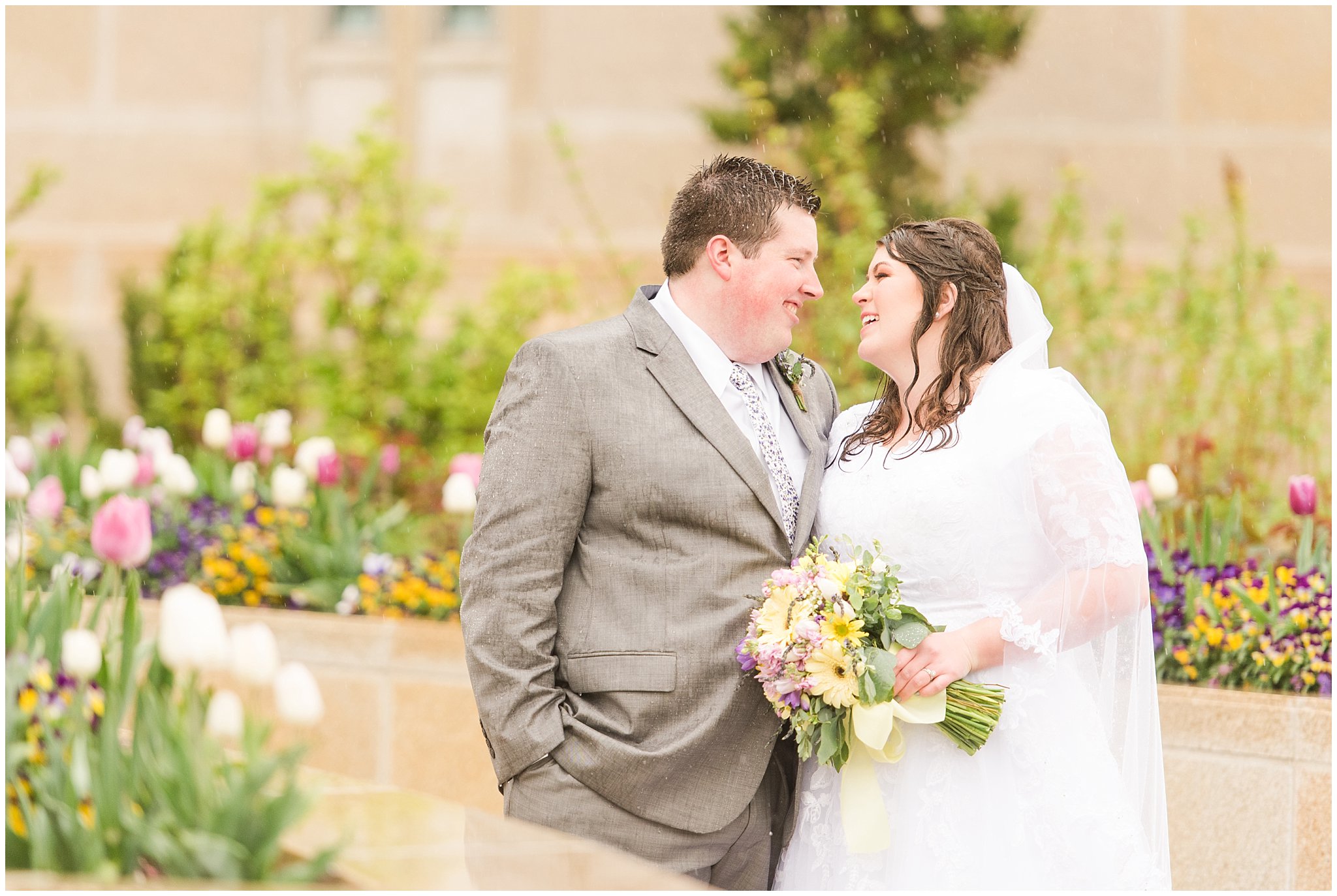 Bride and groom during rainy spring wedding at the Ogden Temple | Utah Wedding | Jessie and Dallin Photography