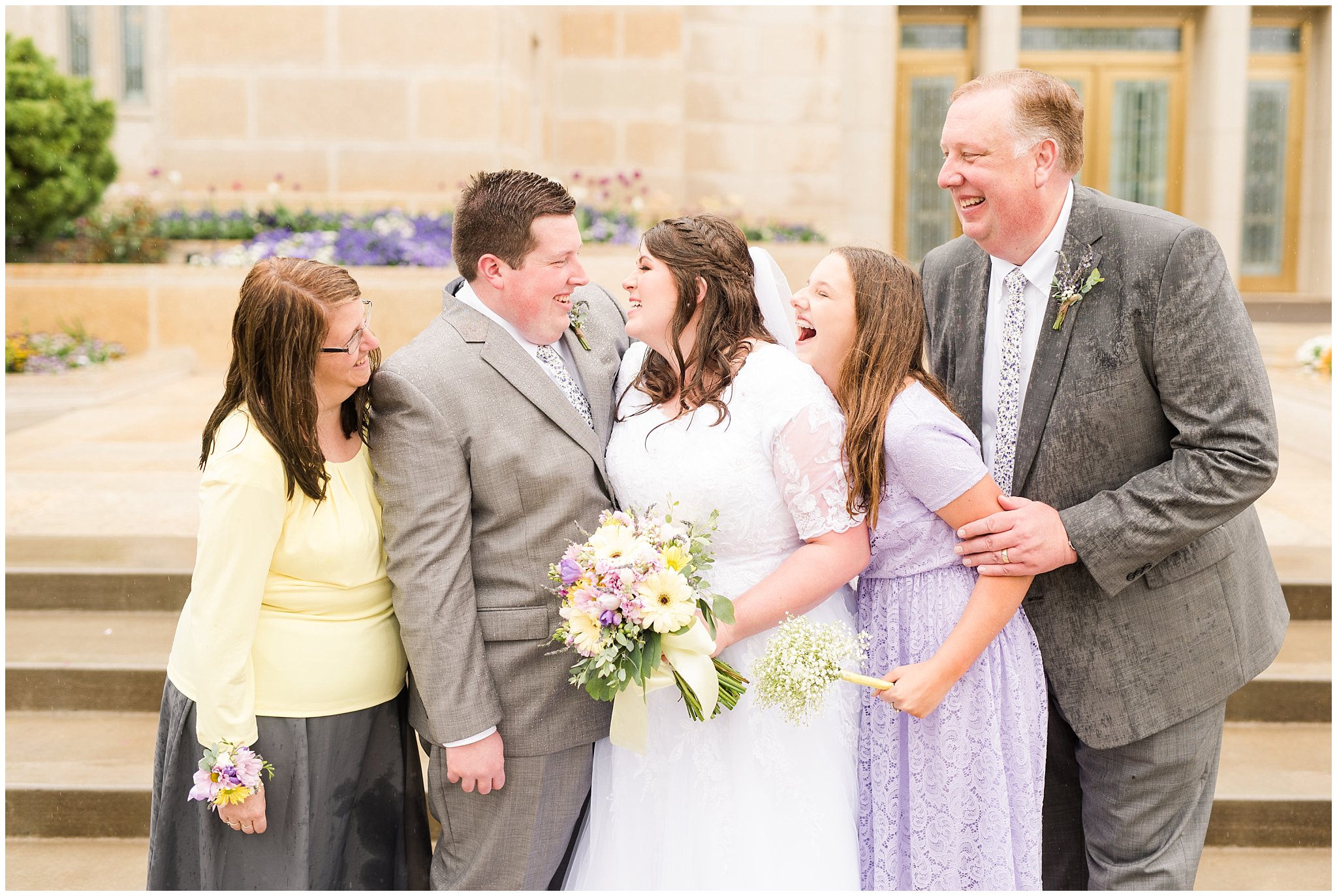 Family portraits during rainy spring wedding at the Ogden Temple | Utah Wedding | Jessie and Dallin Photography