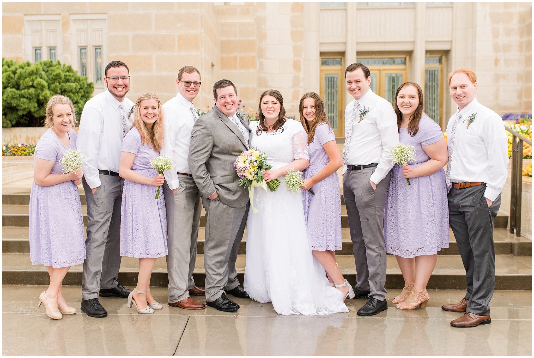 Lavender and yellow bridal party during rainy spring wedding at the Ogden Temple | Utah Wedding | Jessie and Dallin Photography