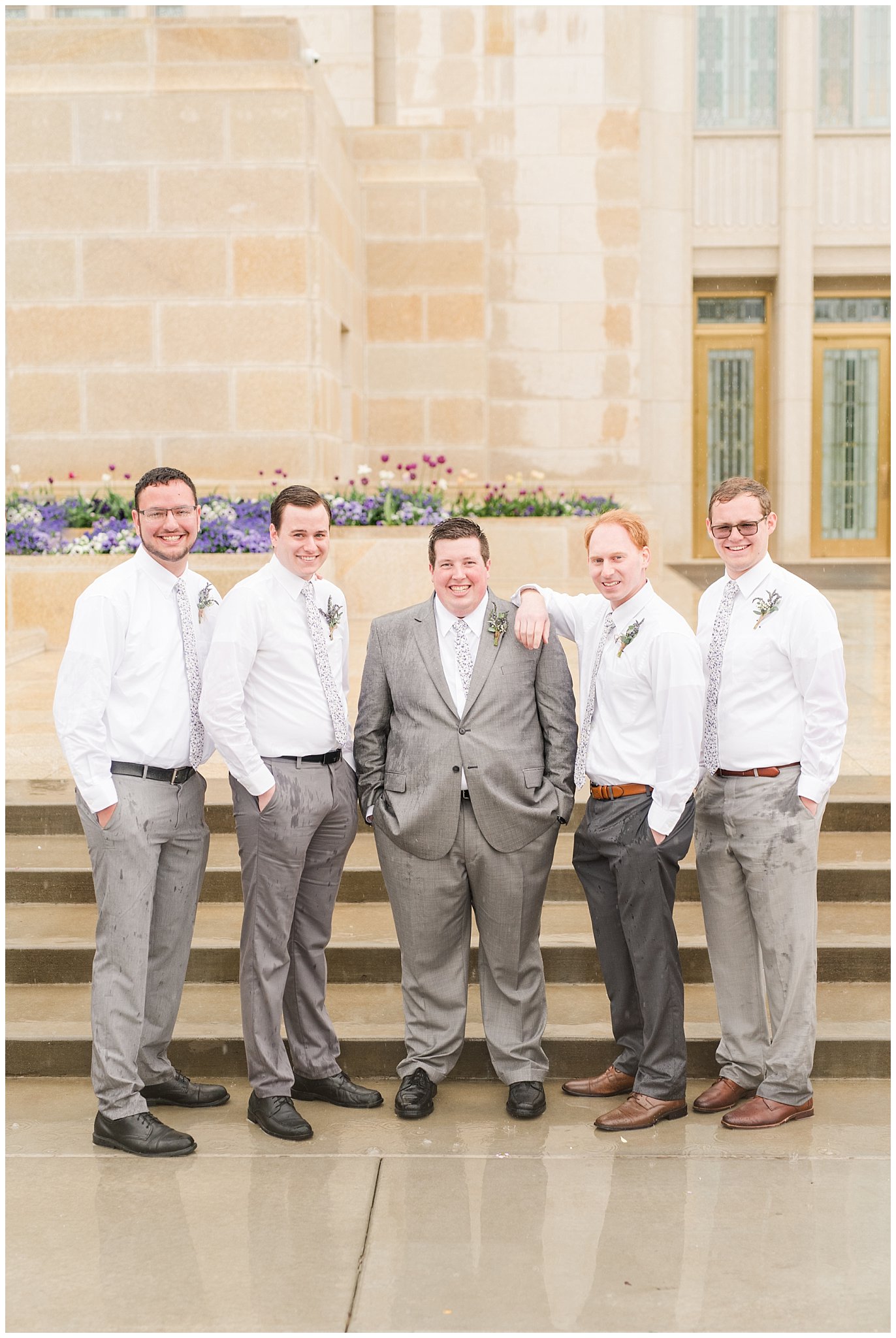 Lavender and yellow bridal party during rainy spring wedding at the Ogden Temple | Utah Wedding | Jessie and Dallin Photography