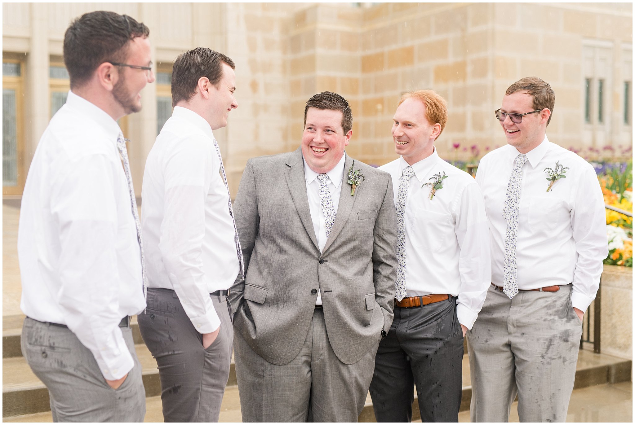 Lavender and yellow bridal party during rainy spring wedding at the Ogden Temple | Utah Wedding | Jessie and Dallin Photography