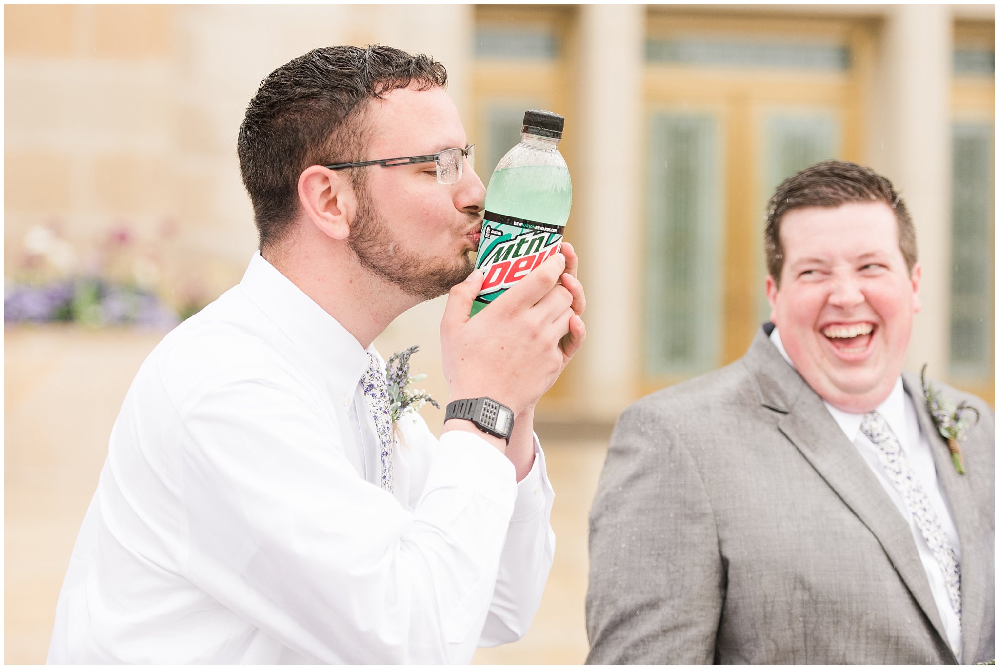 Mountain dew groomsmen joke during rainy spring wedding at the Ogden Temple | Utah Wedding | Jessie and Dallin Photography