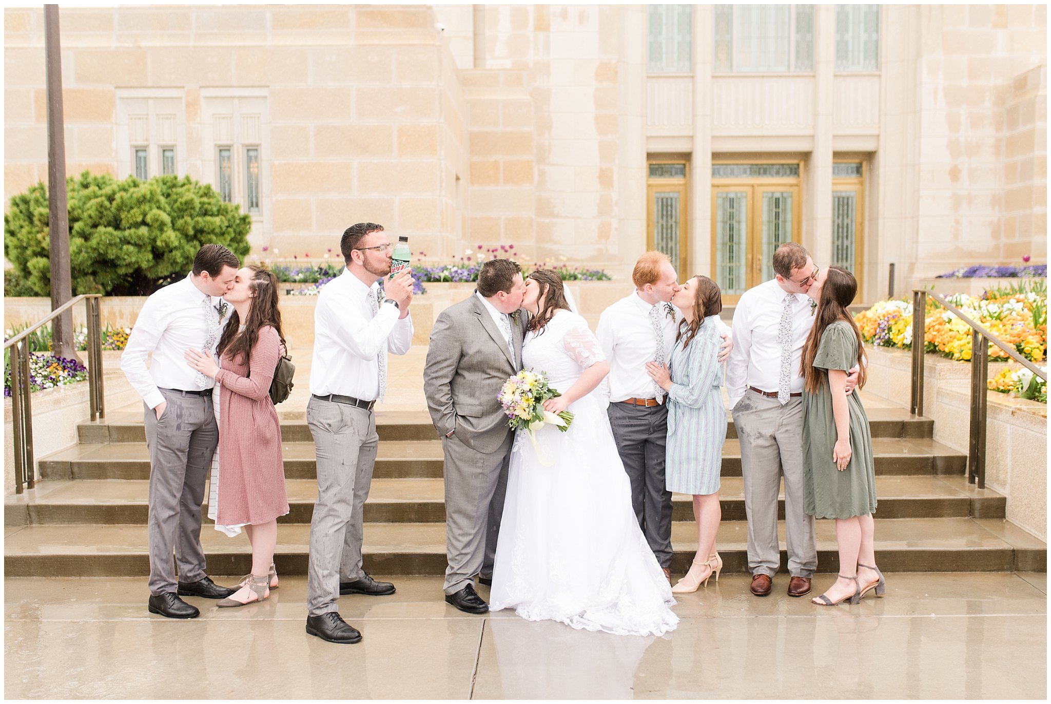 Lavender and yellow bridal party during rainy spring wedding at the Ogden Temple | Utah Wedding | Jessie and Dallin Photography