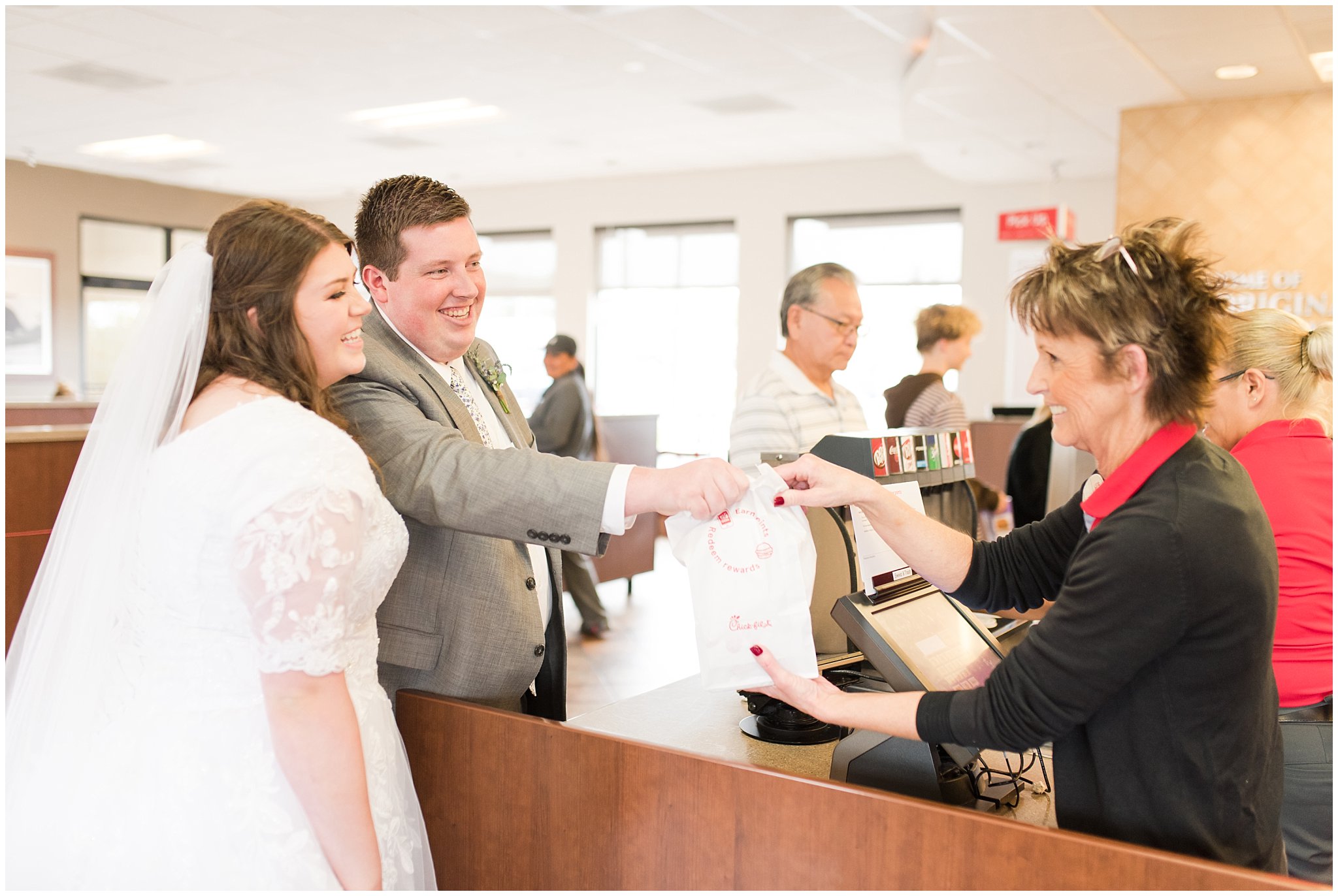 Bride and Groom at Chick-Fil-A for luncheon | Utah Wedding | Jessie and Dallin Photography