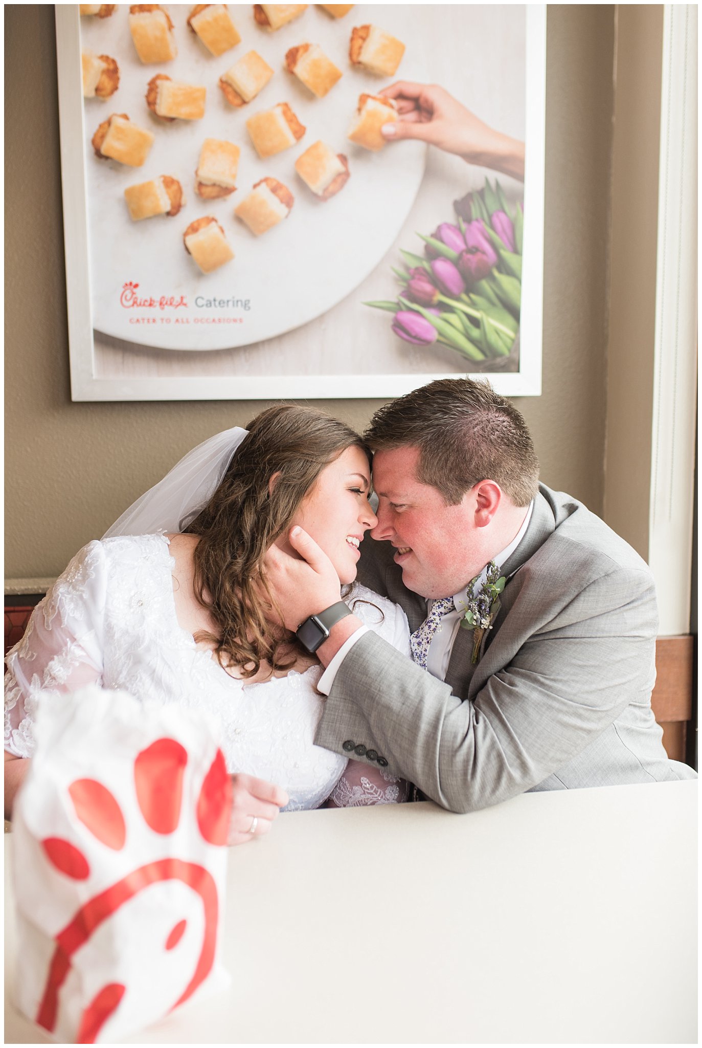 Bride and Groom at Chick-Fil-A for luncheon | Utah Wedding | Jessie and Dallin Photography