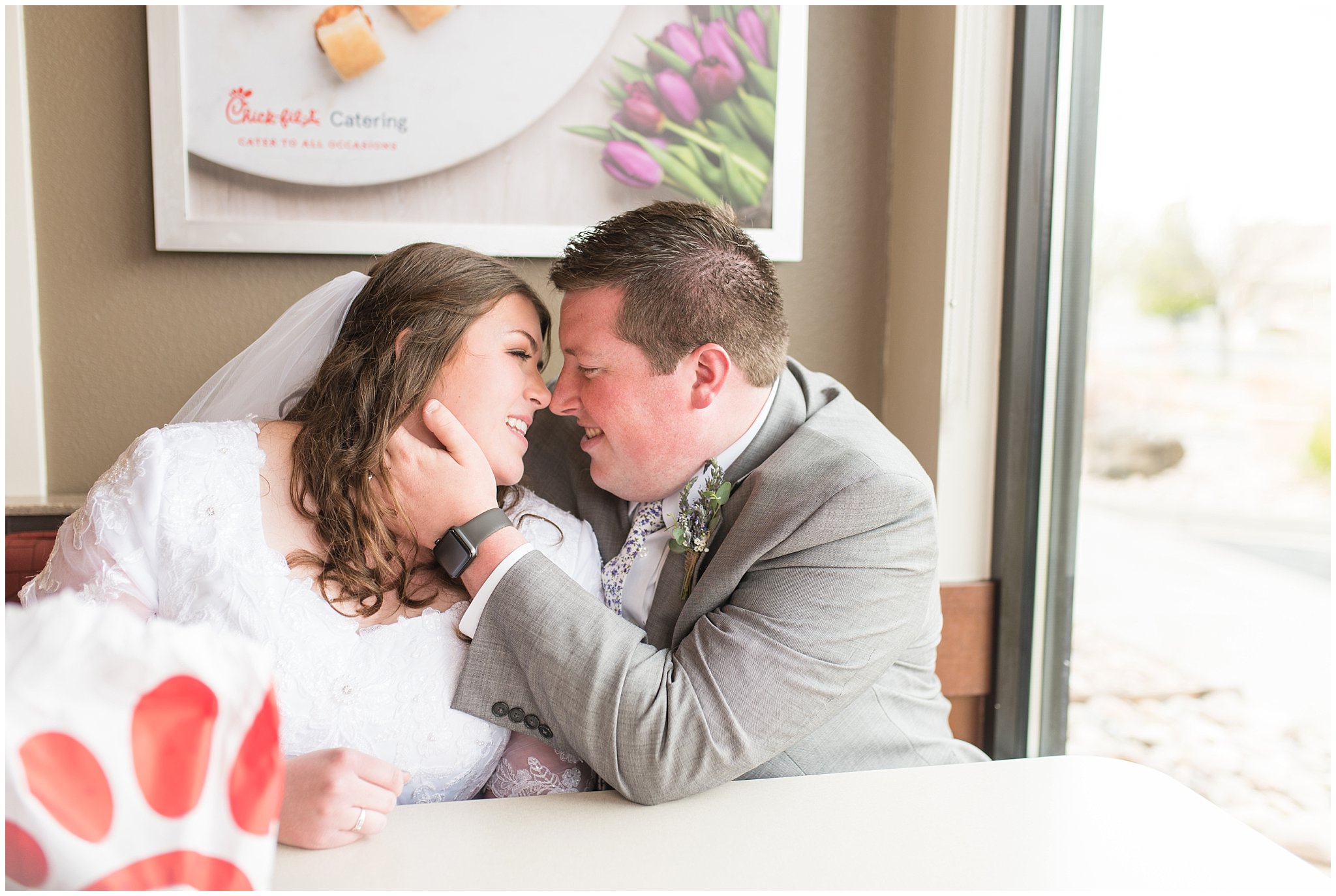 Bride and Groom at Chick-Fil-A for luncheon | Utah Wedding | Jessie and Dallin Photography