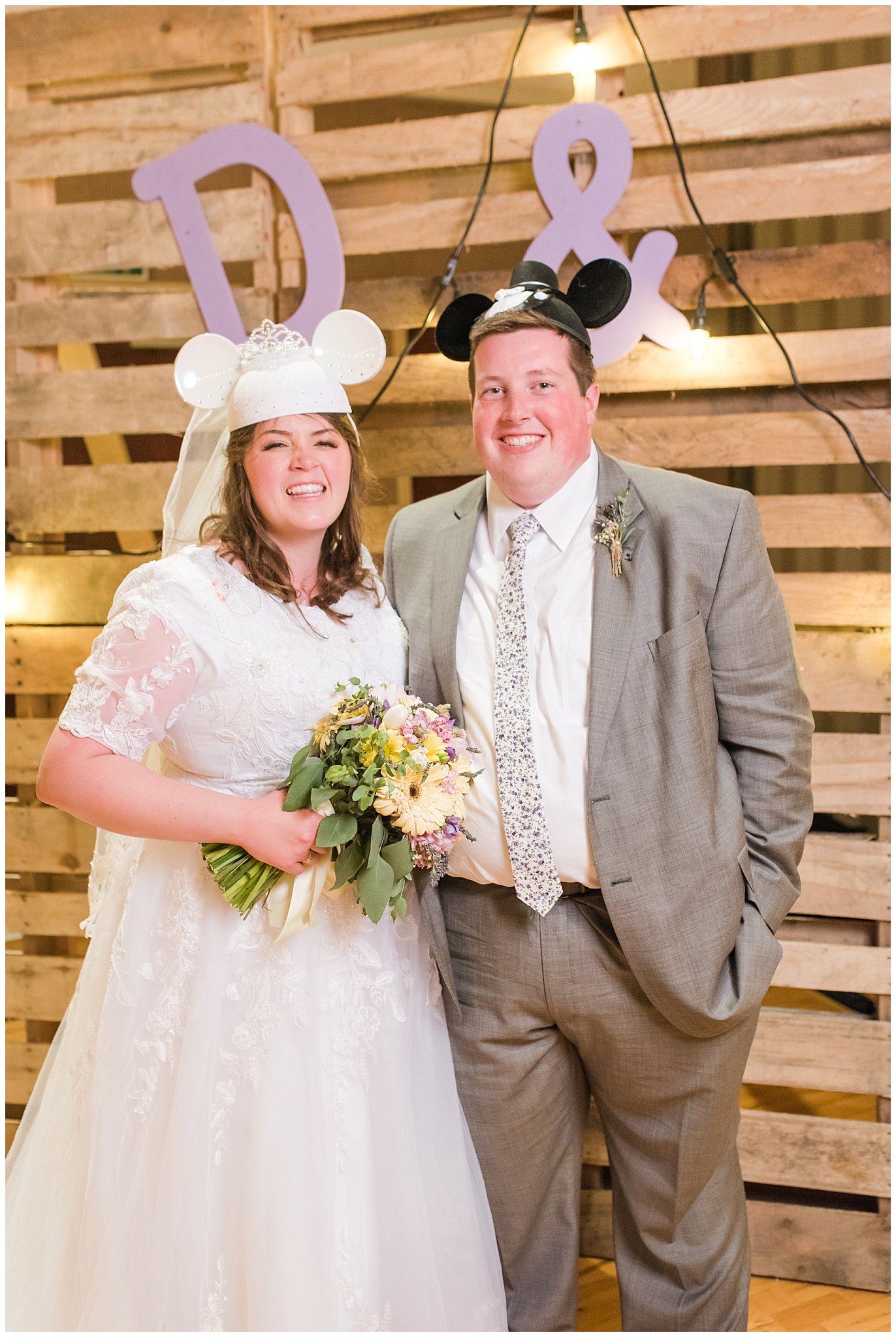 Bride and groom Mickey and Minnie mouse ears at reception | Fun reception ideas | Utah Wedding | Jessie and Dallin Photography