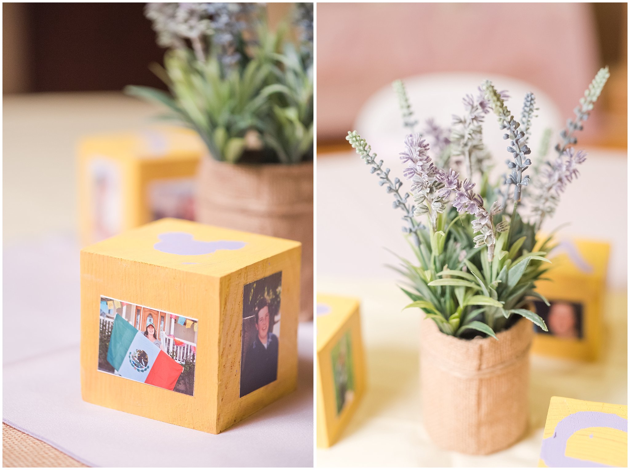 Lavender and photo block reception table decor | table centerpieces | Jessie and Dallin Photography