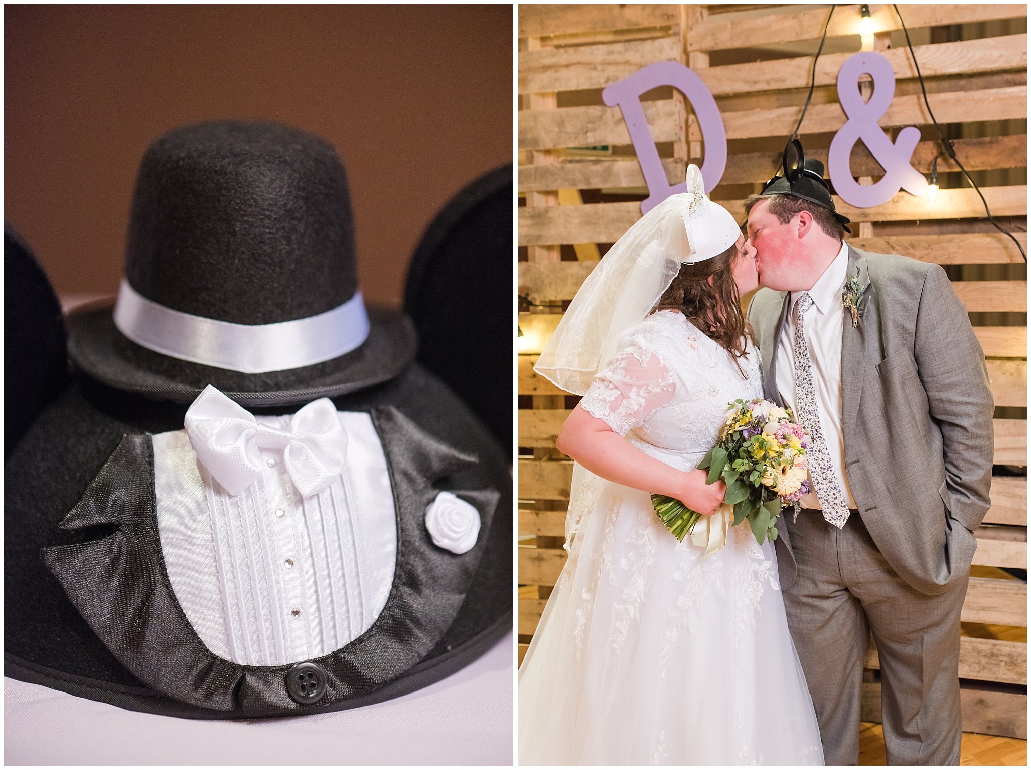 Bride and groom Mickey and Minnie mouse ears at reception | Fun reception ideas | Utah Wedding | Jessie and Dallin Photography