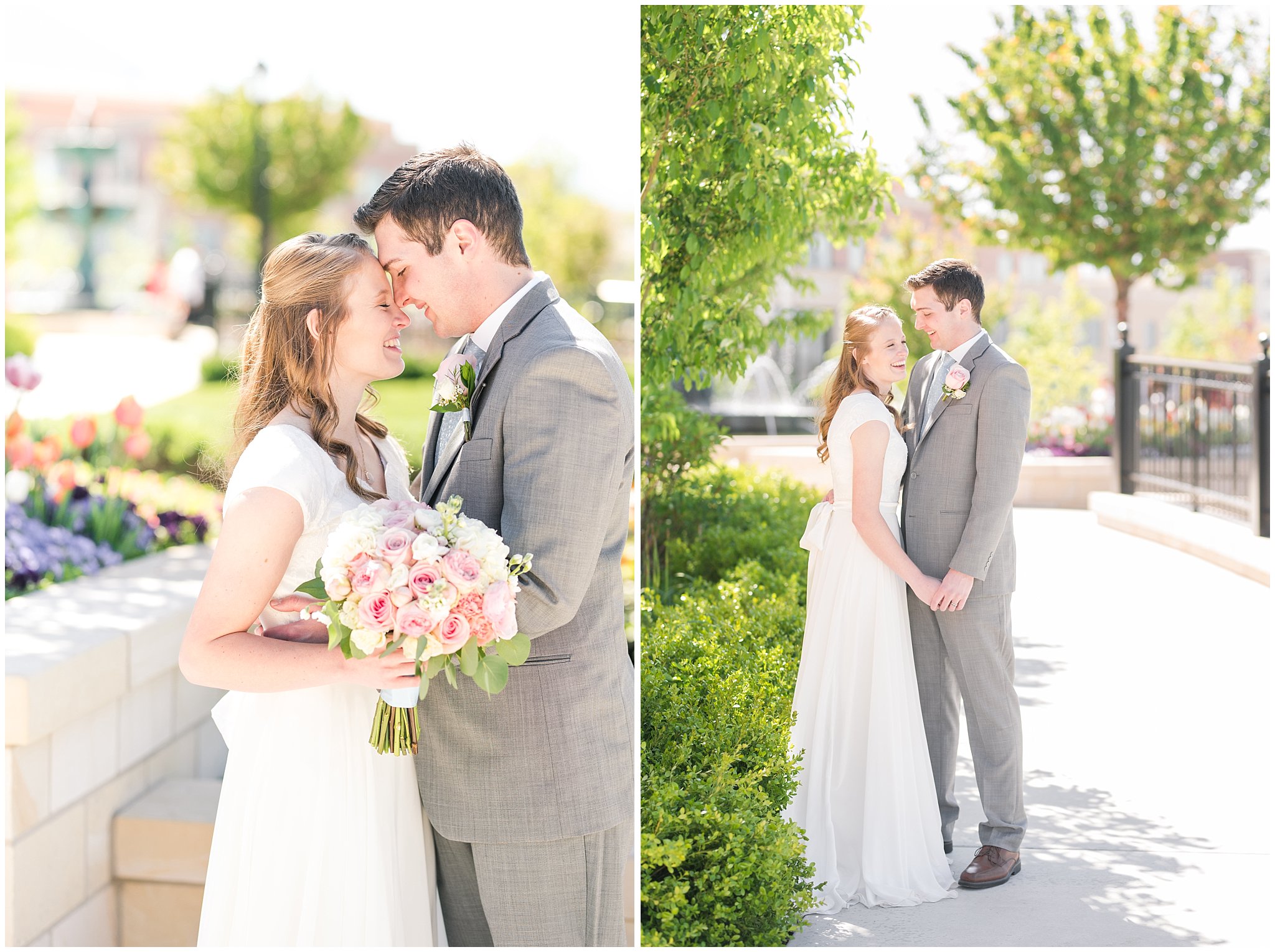 Bride and groom at Provo City Center temple with grey, blush, and light blue wedding colors | Spring Provo City Center Temple Wedding | Utah Wedding Photographers | Jessie and Dallin Photography