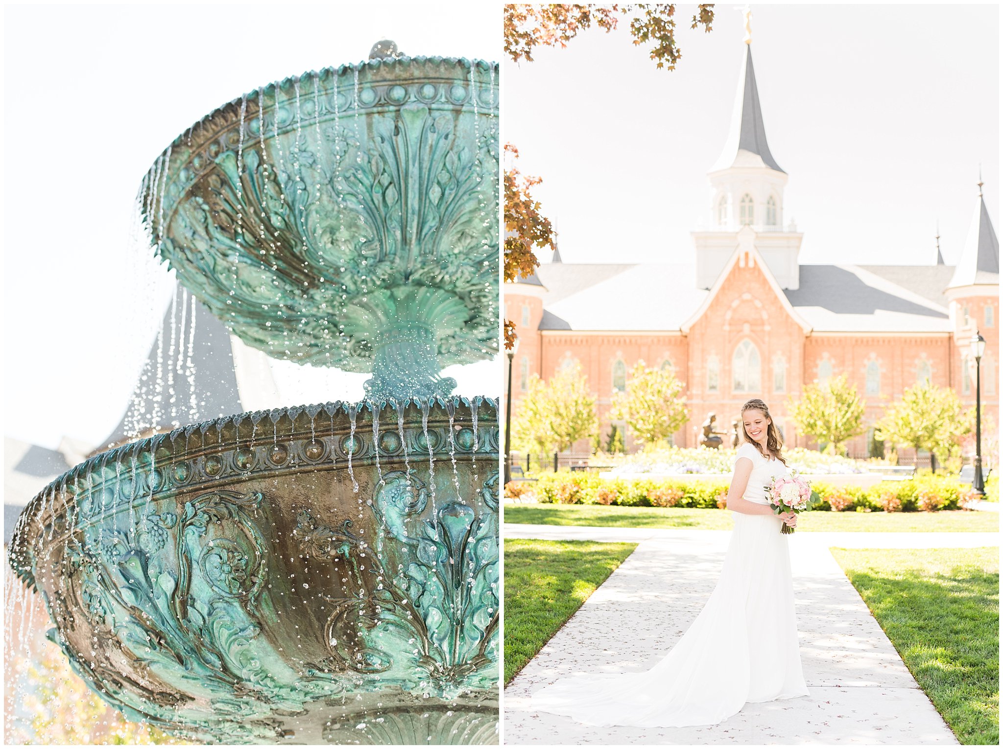 Bride at Provo City Center temple with grey, blush, and light blue wedding colors | Spring Provo City Center Temple Wedding | Utah Wedding Photographers | Jessie and Dallin Photography