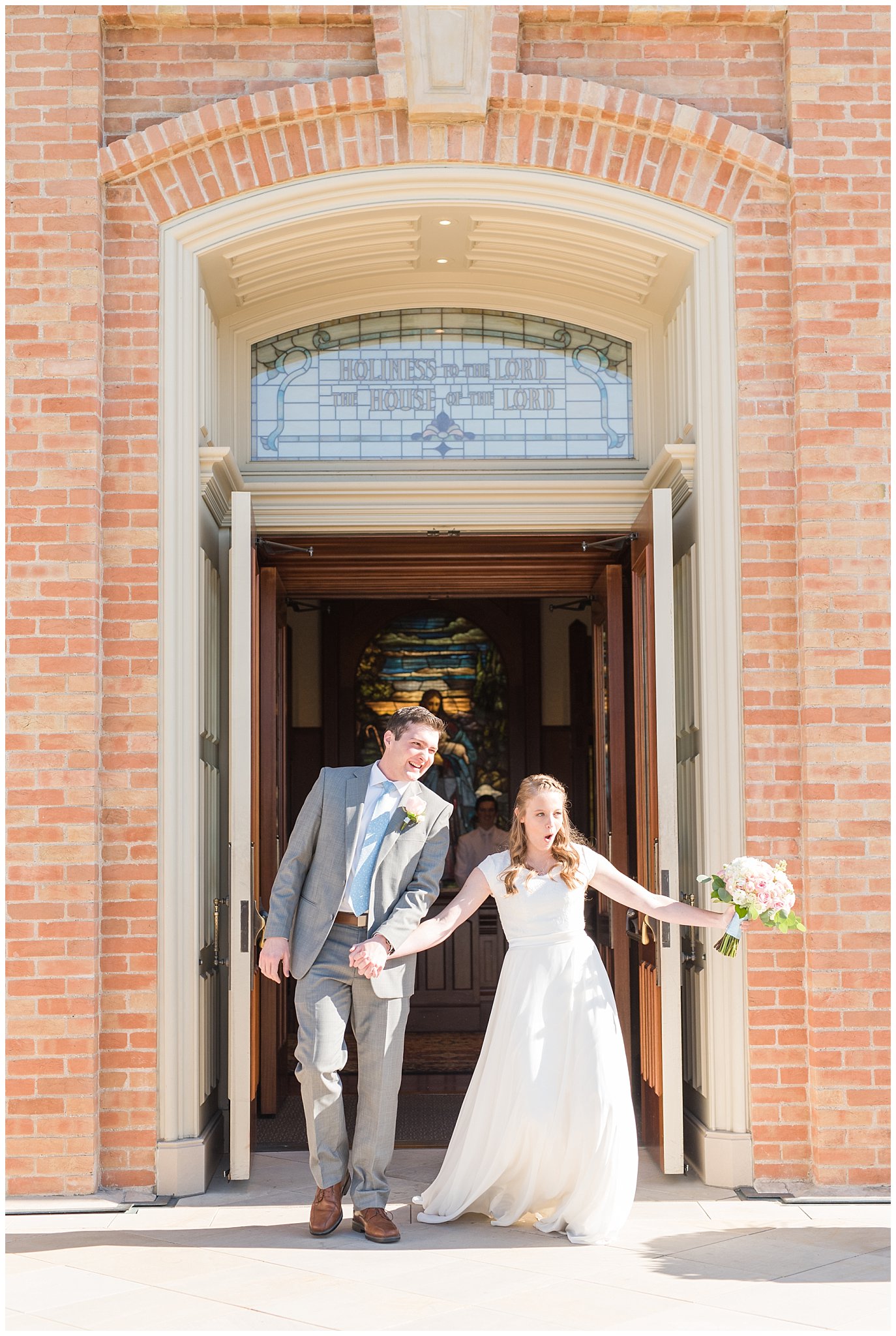 Bride and groom exit at Provo City Center temple with grey, blush, and light blue wedding colors | Spring Provo City Center Temple Wedding | Utah Wedding Photographers | Jessie and Dallin Photography