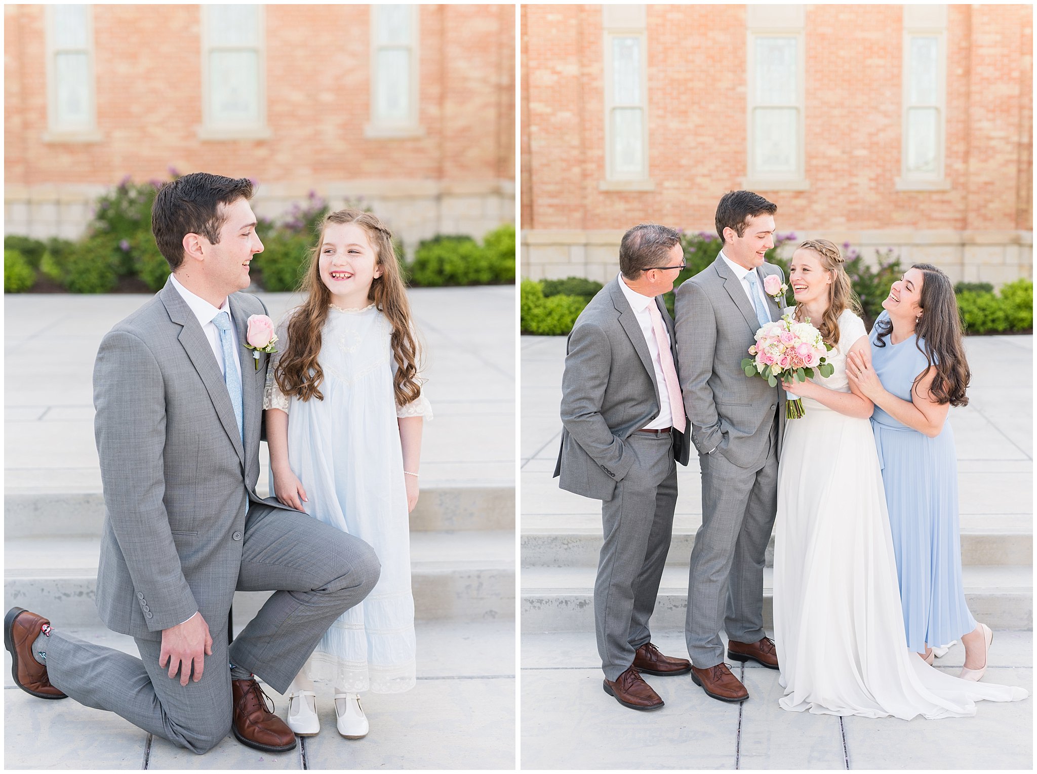 Bride and groom with family at Provo City Center temple with grey, blush, and light blue wedding colors | Spring Provo City Center Temple Wedding | Utah Wedding Photographers | Jessie and Dallin Photography