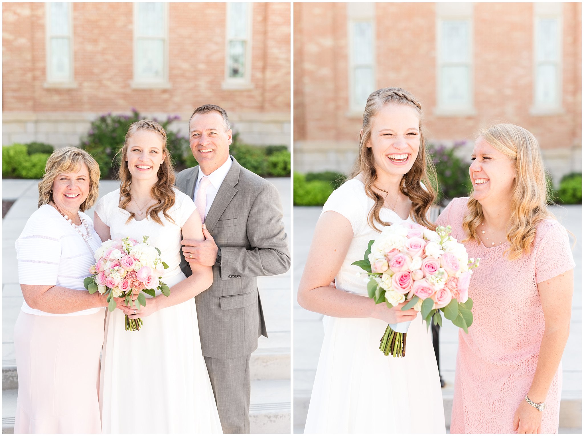 Bride and groom with family at Provo City Center temple with grey, blush, and light blue wedding colors | Spring Provo City Center Temple Wedding | Utah Wedding Photographers | Jessie and Dallin Photography