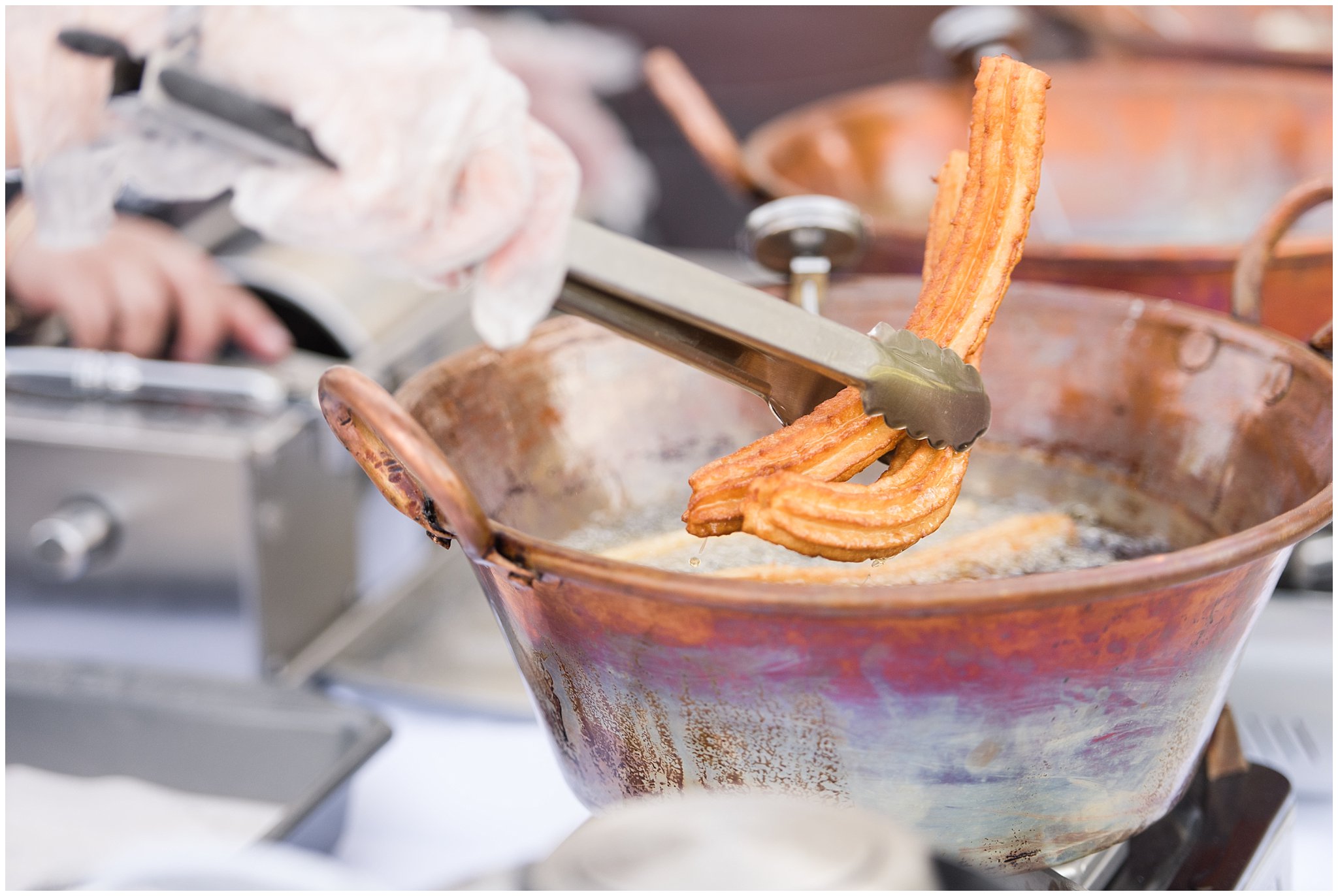 Churro cart at wedding | Backyard outdoor spring wedding with grey, blush, and light blue wedding colors | Spring Provo City Center Temple Wedding | Utah Wedding Photographers | Jessie and Dallin Photography