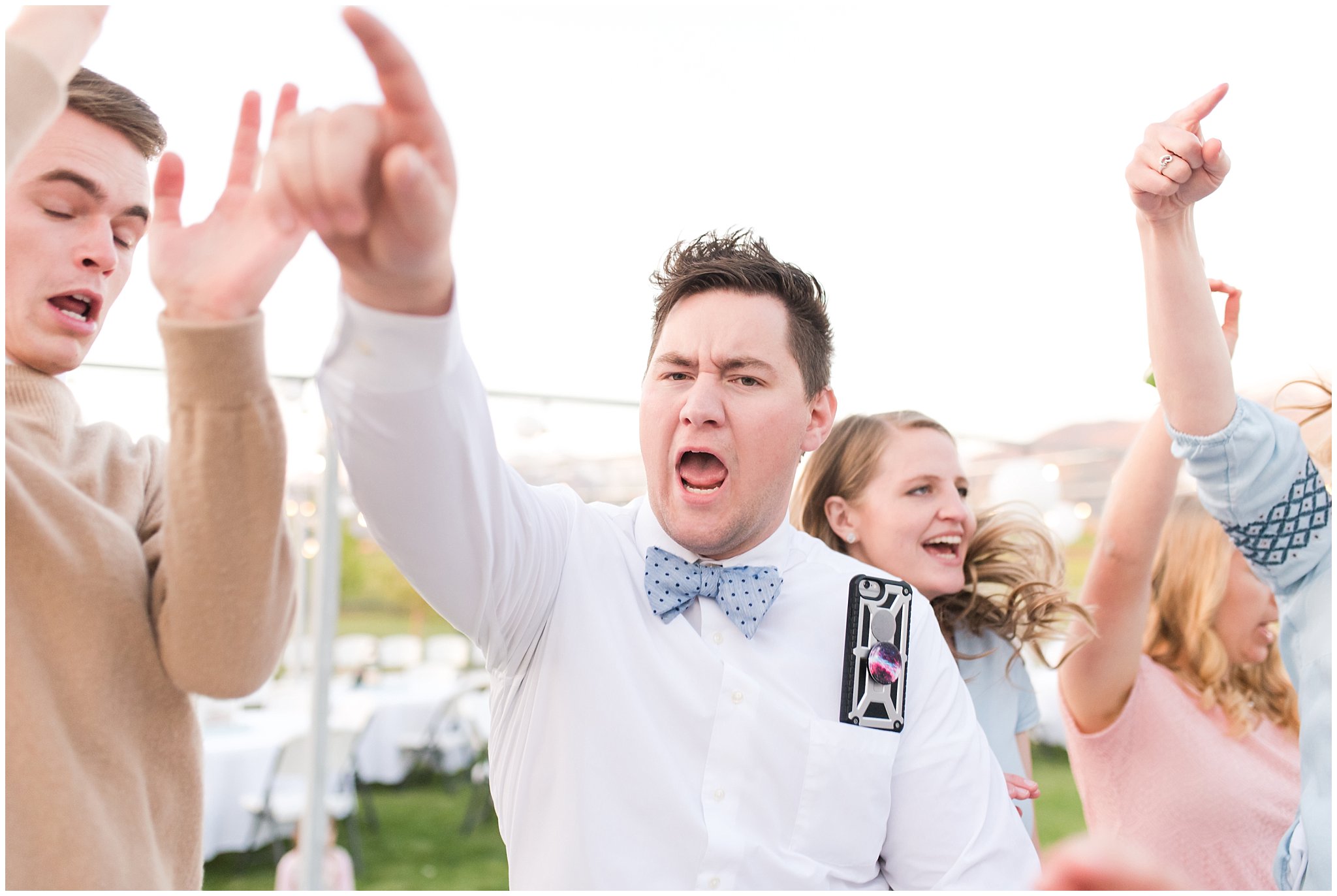 Fun backyard party dancing | Backyard outdoor spring wedding with grey, blush, and light blue wedding colors | Spring Provo City Center Temple Wedding | Utah Wedding Photographers | Jessie and Dallin Photography