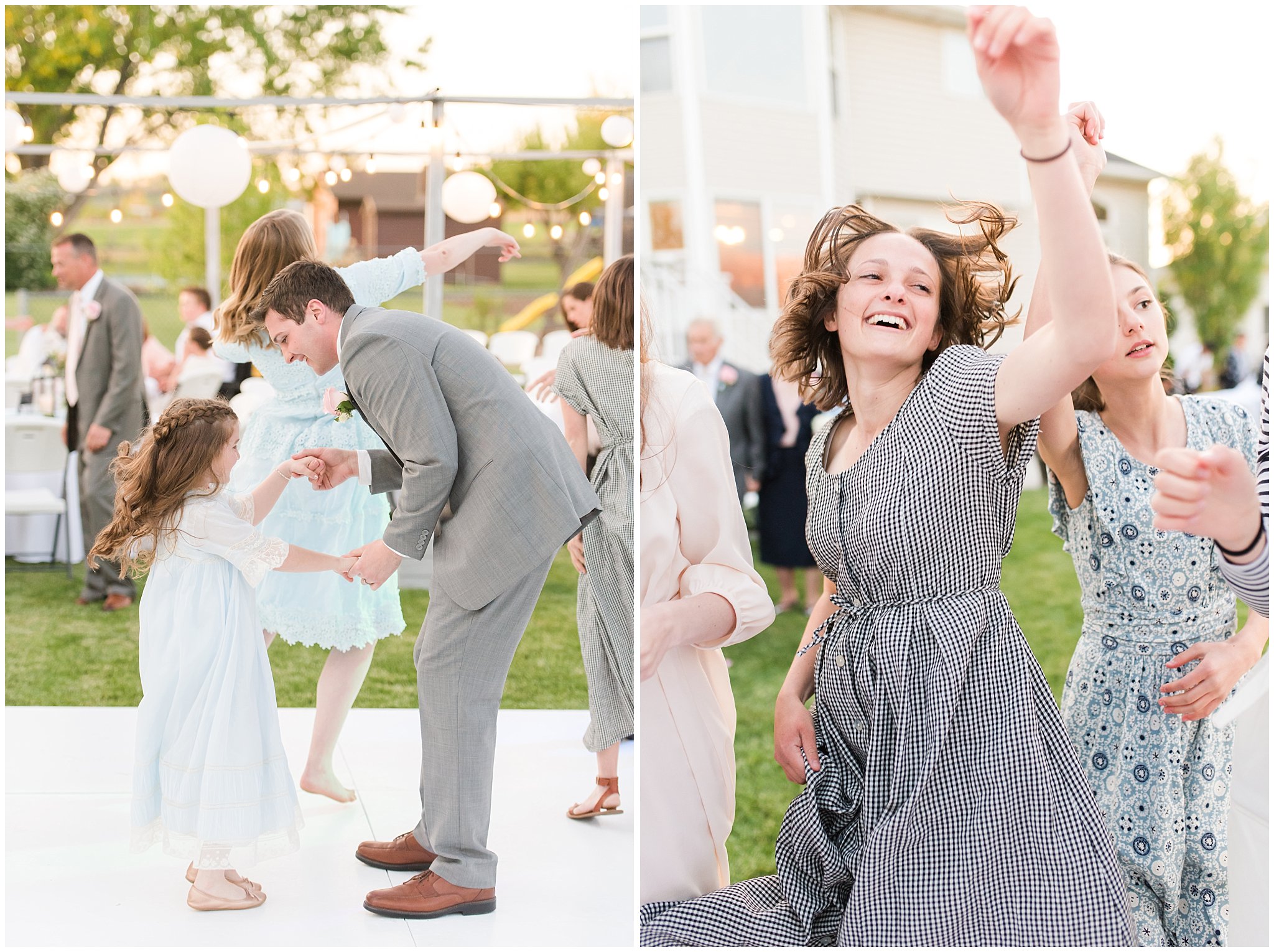 Fun backyard party dancing | Backyard outdoor spring wedding with grey, blush, and light blue wedding colors | Spring Provo City Center Temple Wedding | Utah Wedding Photographers | Jessie and Dallin Photography