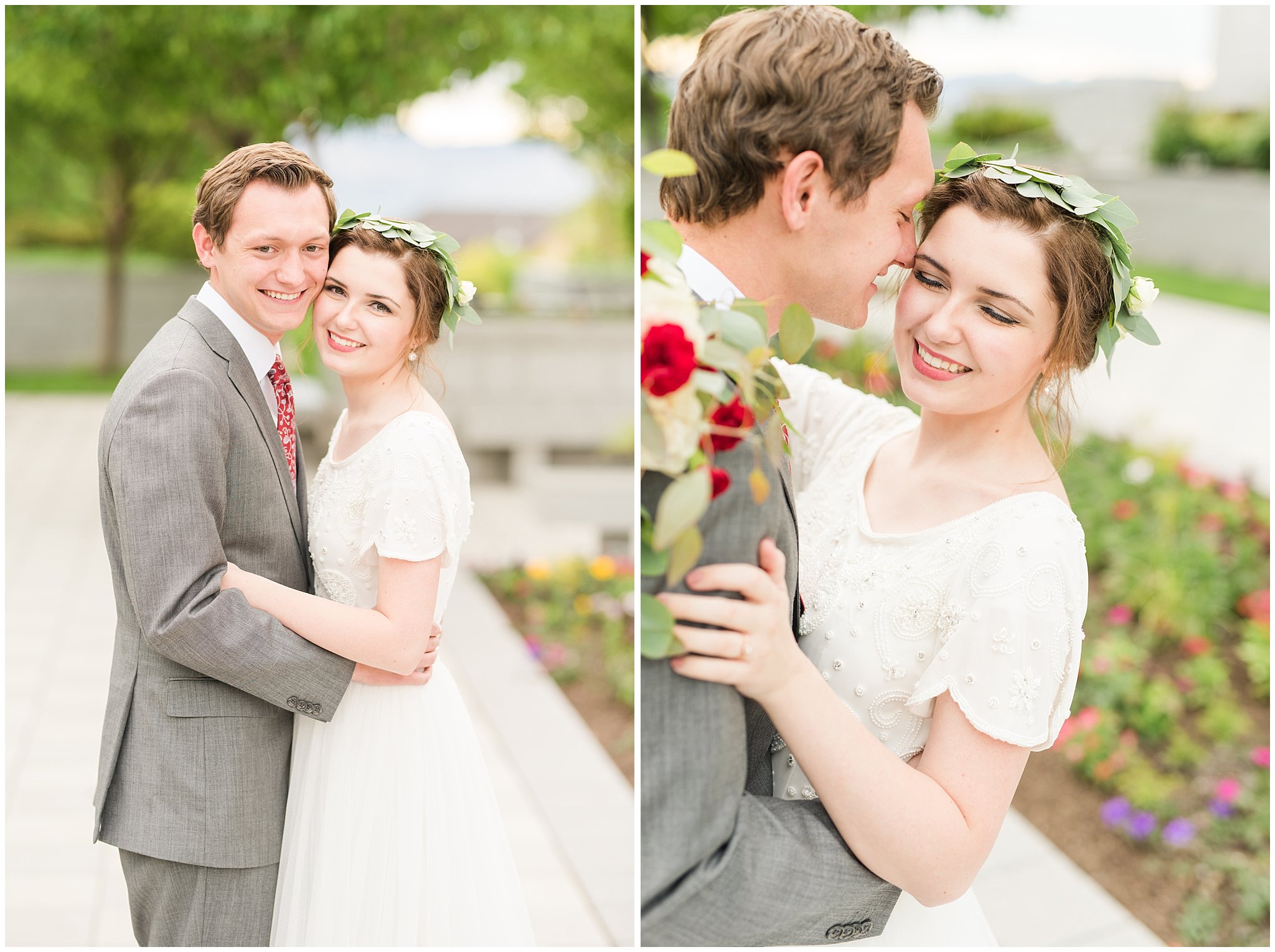 Bride in flower crown and groom in grey suit with maroon tie | Grey, gold, and maroon wedding colors | Draper Temple Spring Formal Session | Jessie and Dallin Photography