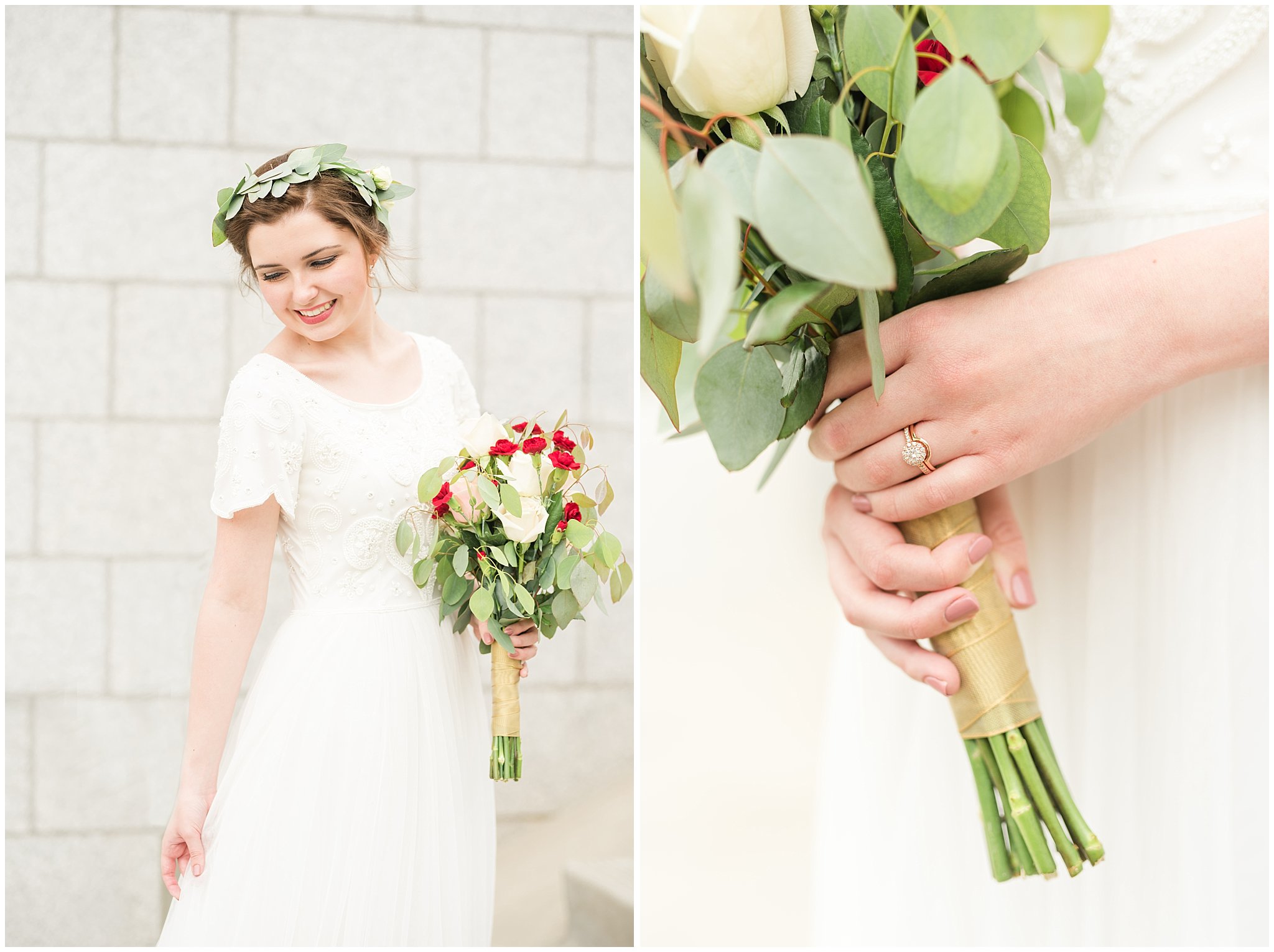 Bride in flower crown and rose and eucalyptus bouquet | Grey, gold, and maroon wedding colors | Draper Temple Spring Formal Session | Jessie and Dallin Photography