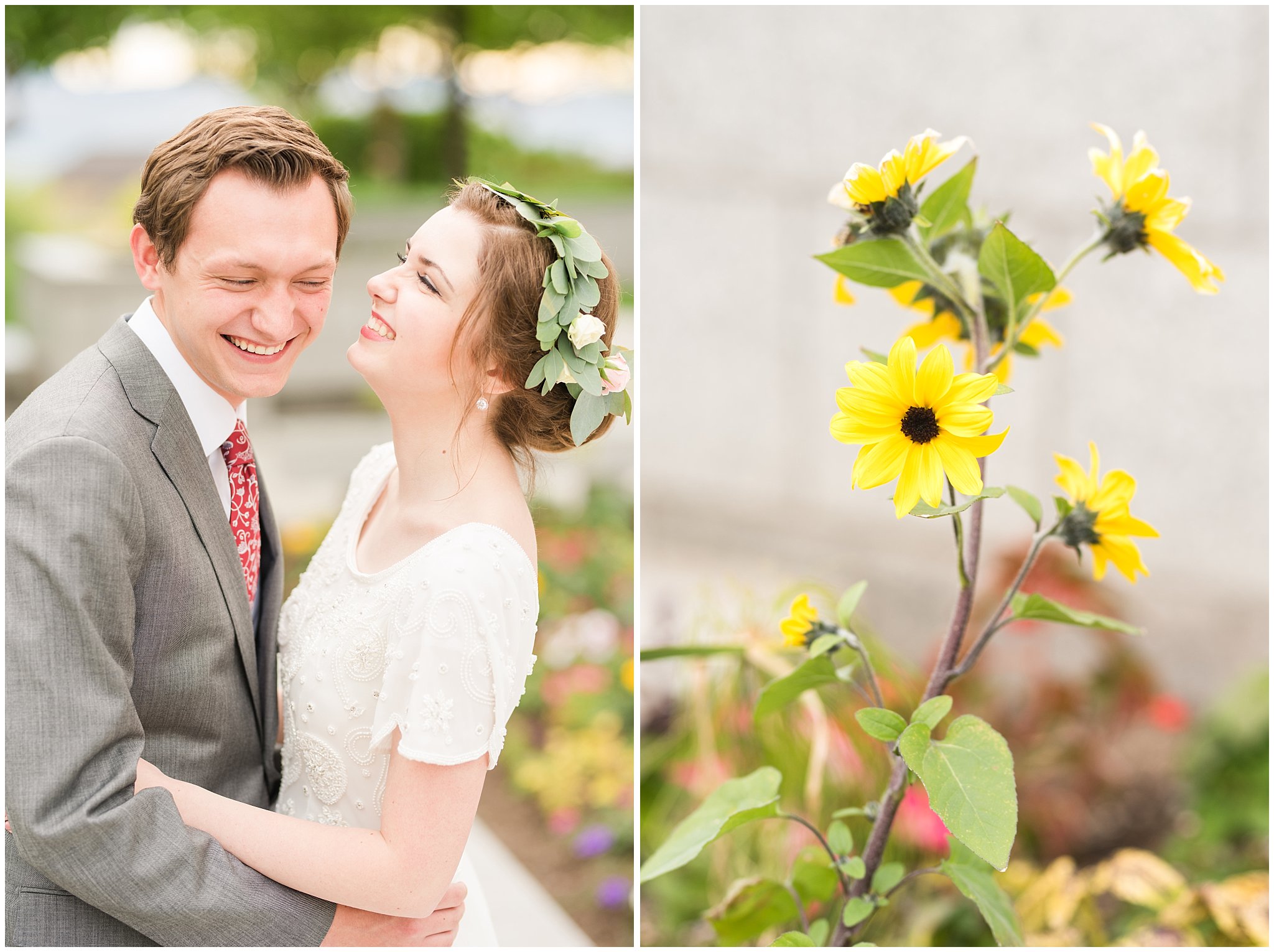 Bride in flower crown and groom in grey suit with maroon tie | Grey, gold, and maroon wedding colors | Draper Temple Spring Formal Session | Jessie and Dallin Photography