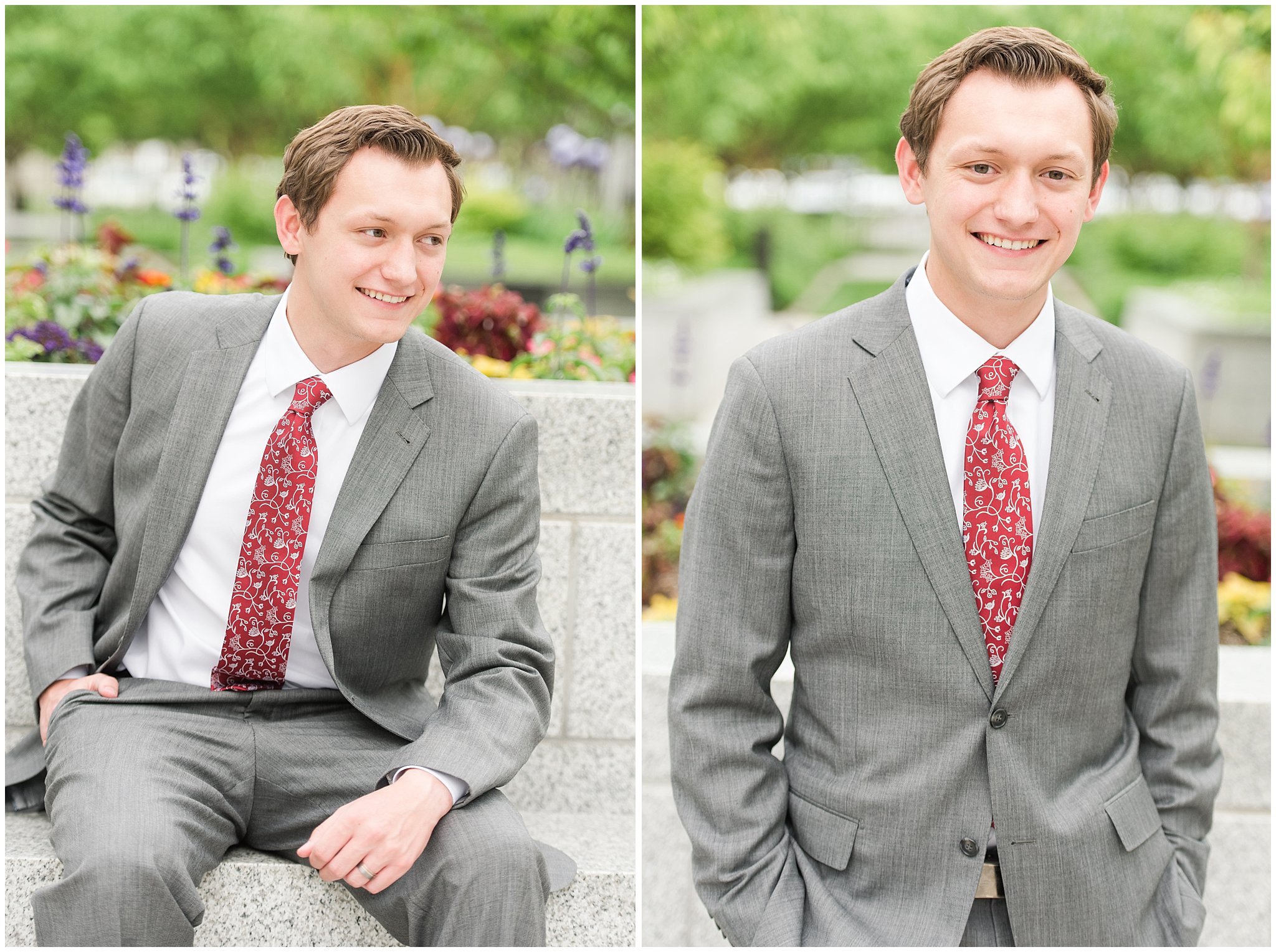 Groom in grey suit with maroon tie | Grey, gold, and maroon wedding colors | Draper Temple Spring Formal Session | Jessie and Dallin Photography