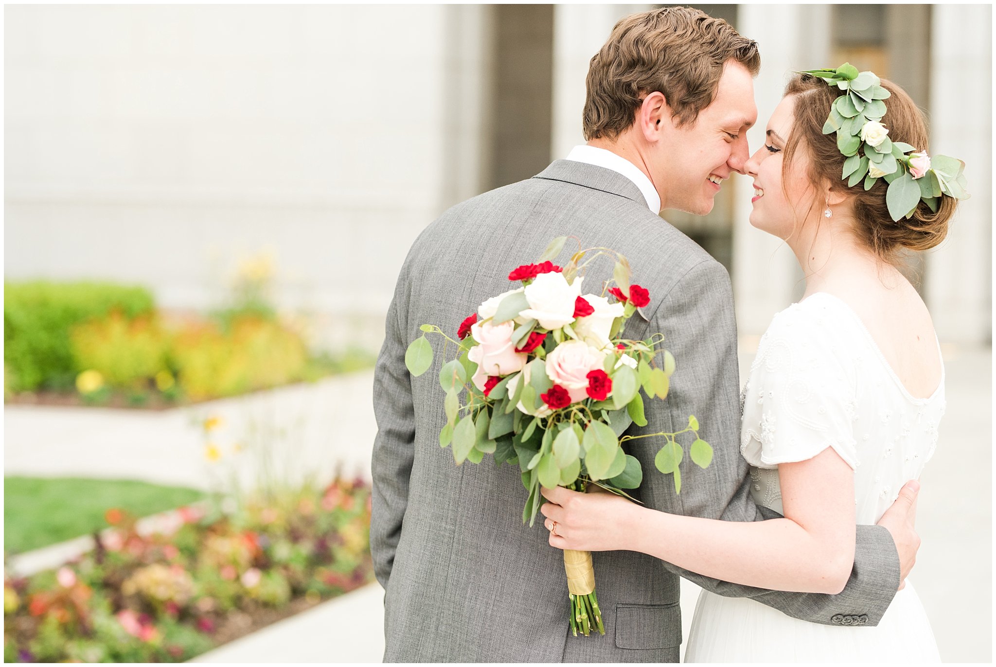 Bride in flower crown and groom in grey suit with maroon tie | Grey, gold, and maroon wedding colors | Draper Temple Spring Formal Session | Jessie and Dallin Photography