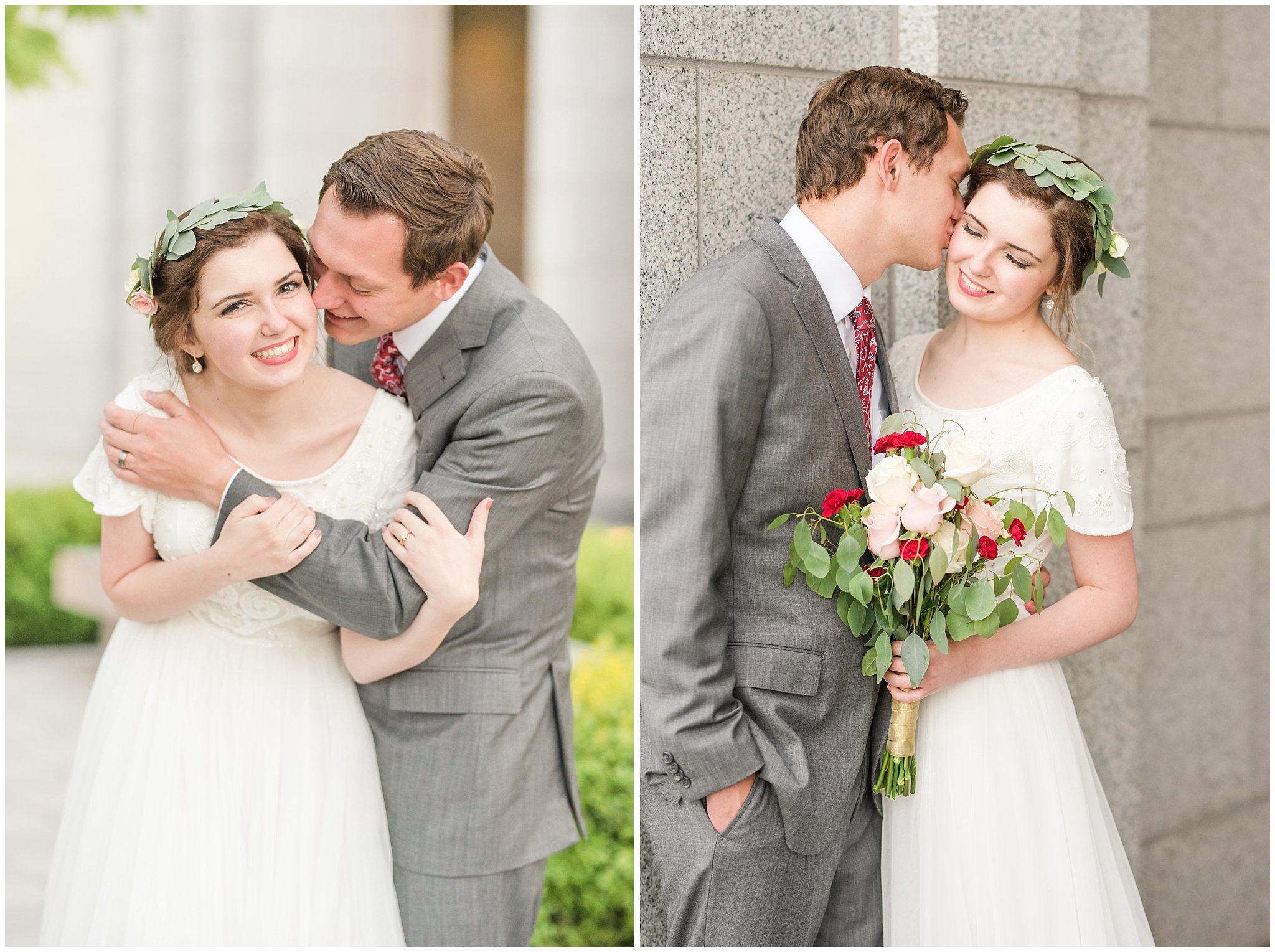 Bride in flower crown and groom in grey suit with maroon tie | Grey, gold, and maroon wedding colors | Draper Temple Spring Formal Session | Jessie and Dallin Photography