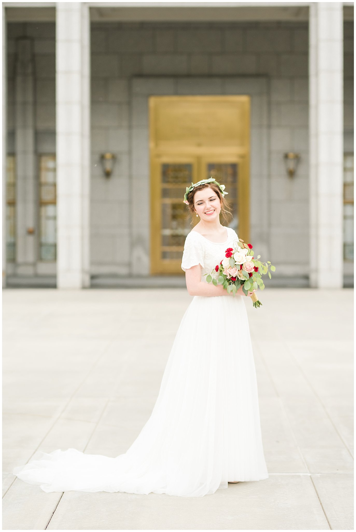 Bride in flower crown and rose and eucalyptus bouquet | Grey, gold, and maroon wedding colors | Draper Temple Spring Formal Session | Jessie and Dallin Photography