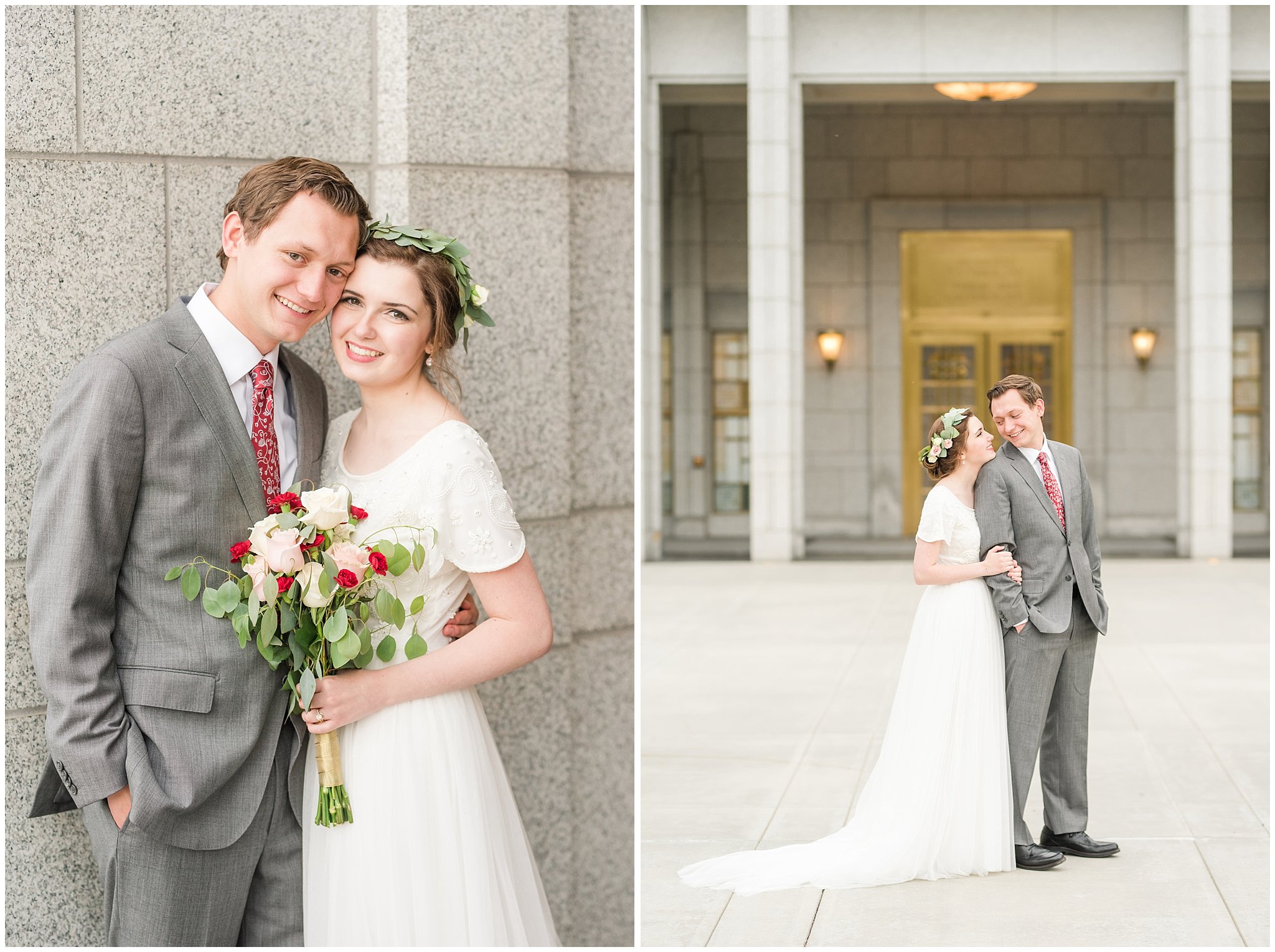 Bride in flower crown and groom in grey suit with maroon tie | Grey, gold, and maroon wedding colors | Draper Temple Spring Formal Session | Jessie and Dallin Photography