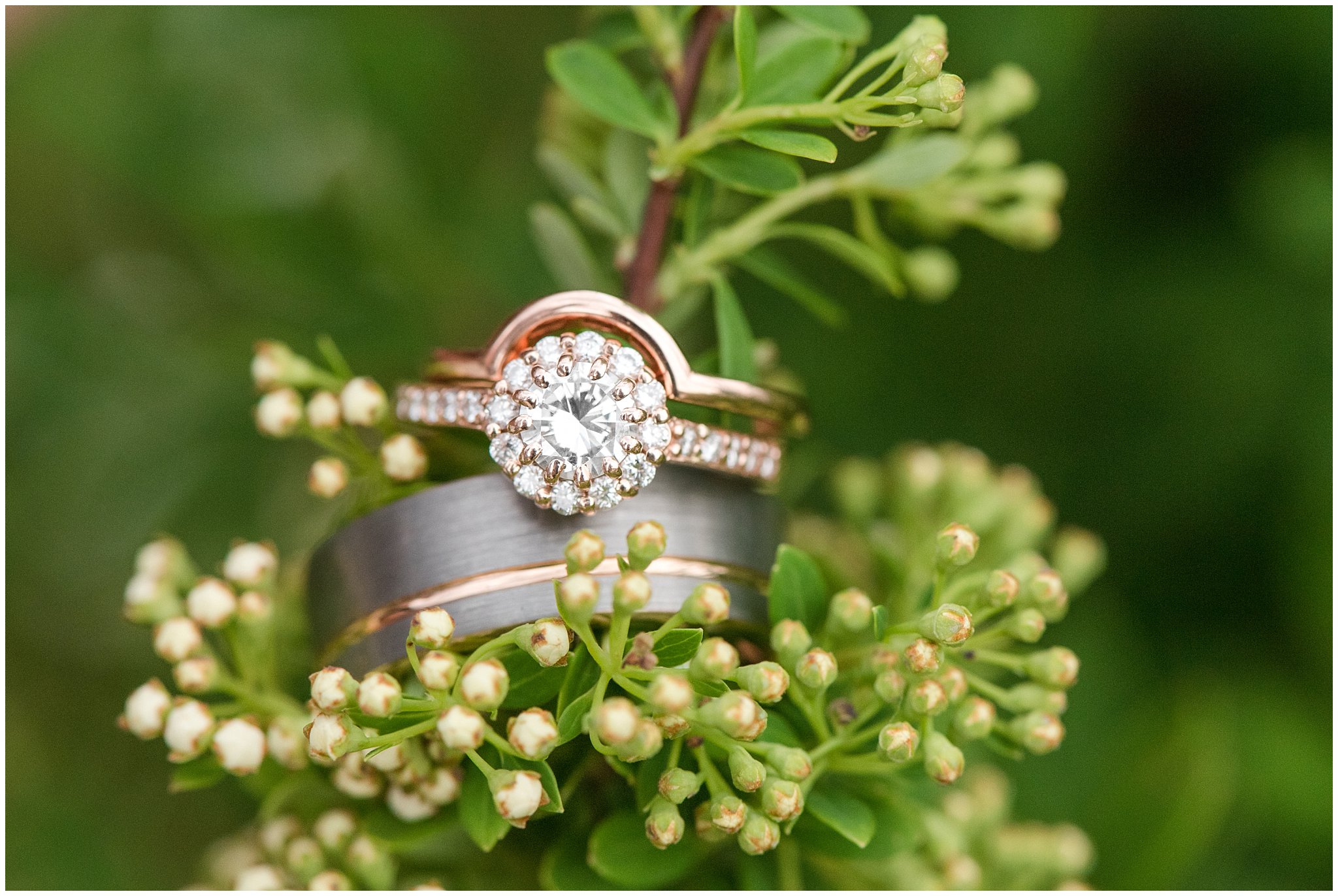 Rose gold and brushed grey wedding rings | Ring shot photography | Draper Temple Spring Formal Session | Jessie and Dallin Photography