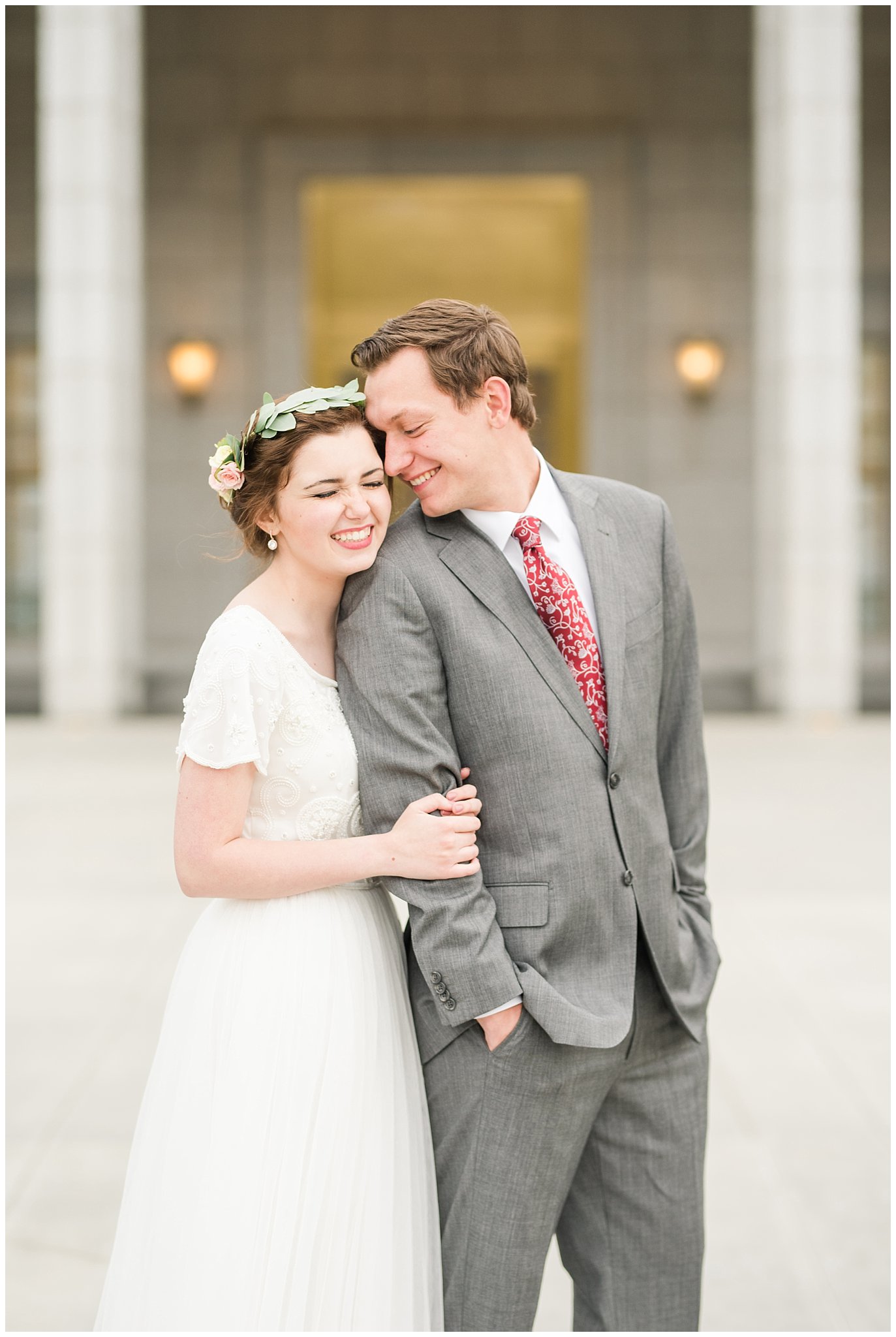 Bride in flower crown and groom in grey suit with maroon tie | Grey, gold, and maroon wedding colors | Draper Temple Spring Formal Session | Jessie and Dallin Photography