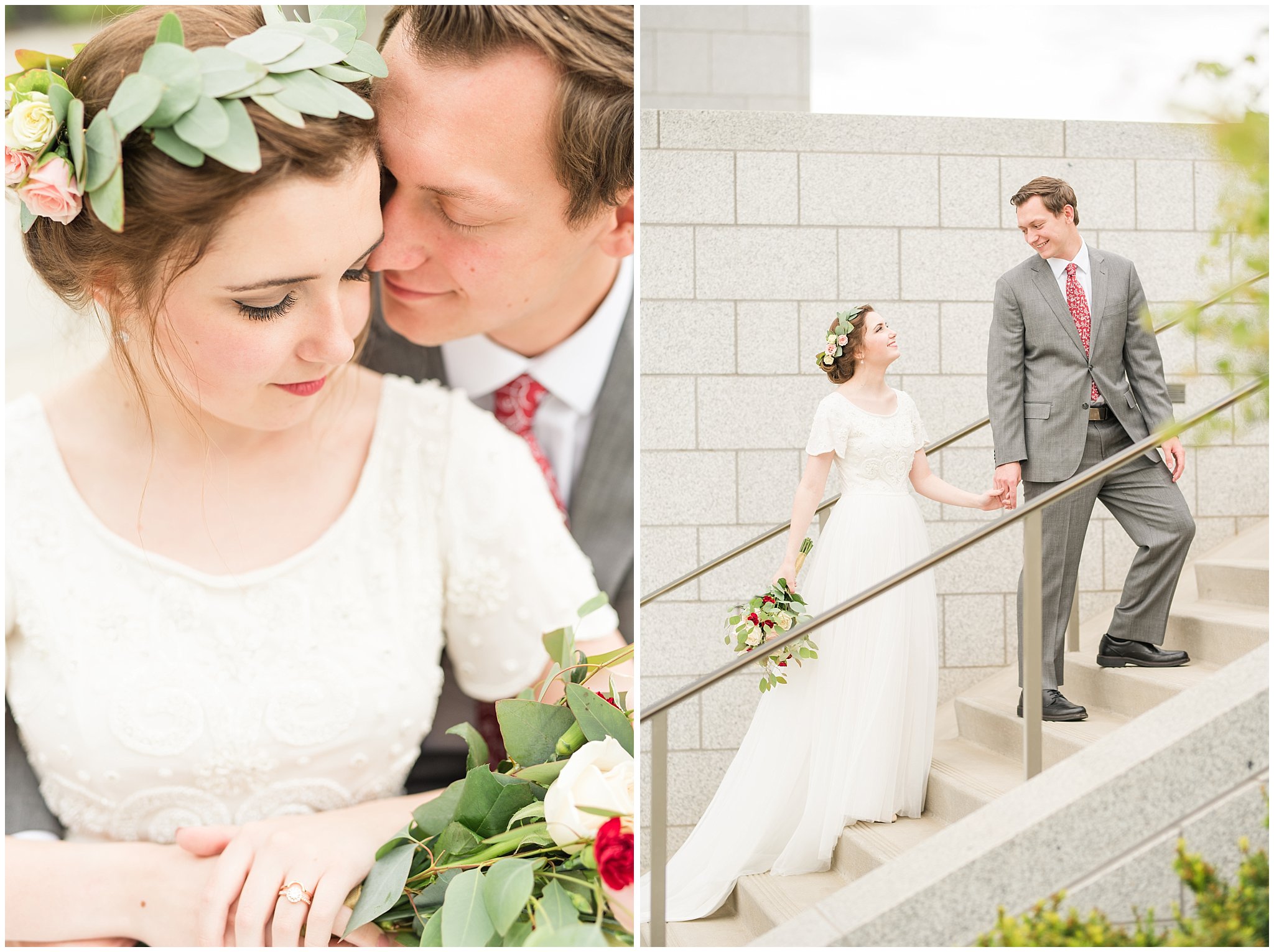 Bride in flower crown and groom in grey suit with maroon tie | Grey, gold, and maroon wedding colors | Draper Temple Spring Formal Session | Jessie and Dallin Photography