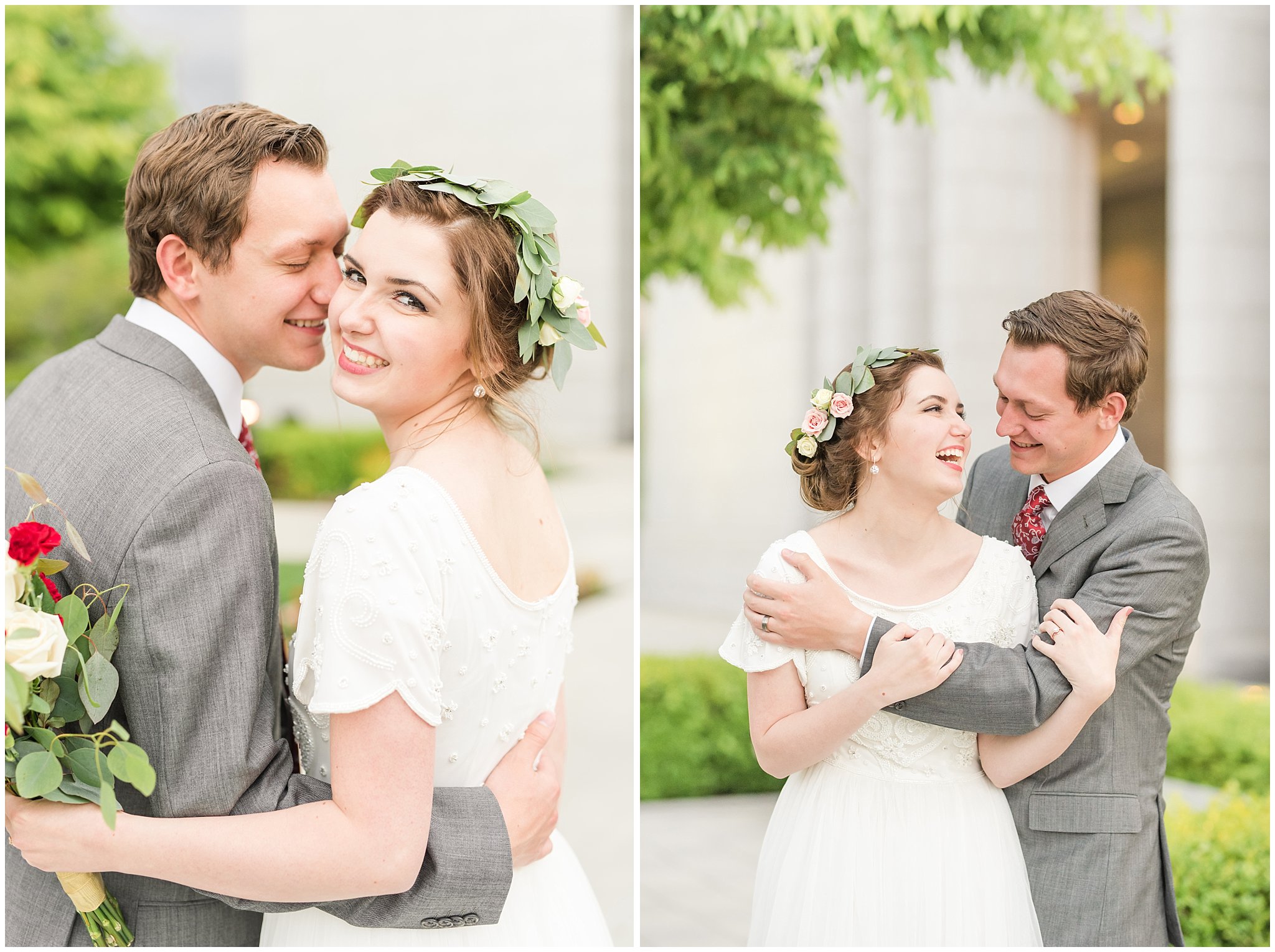 Bride and groom at the Draper Temple | Grey, Burgundy, and Gold Wedding | Draper Temple and South Mountain Wedding | Utah Wedding Photographers | Jessie and Dallin Photography