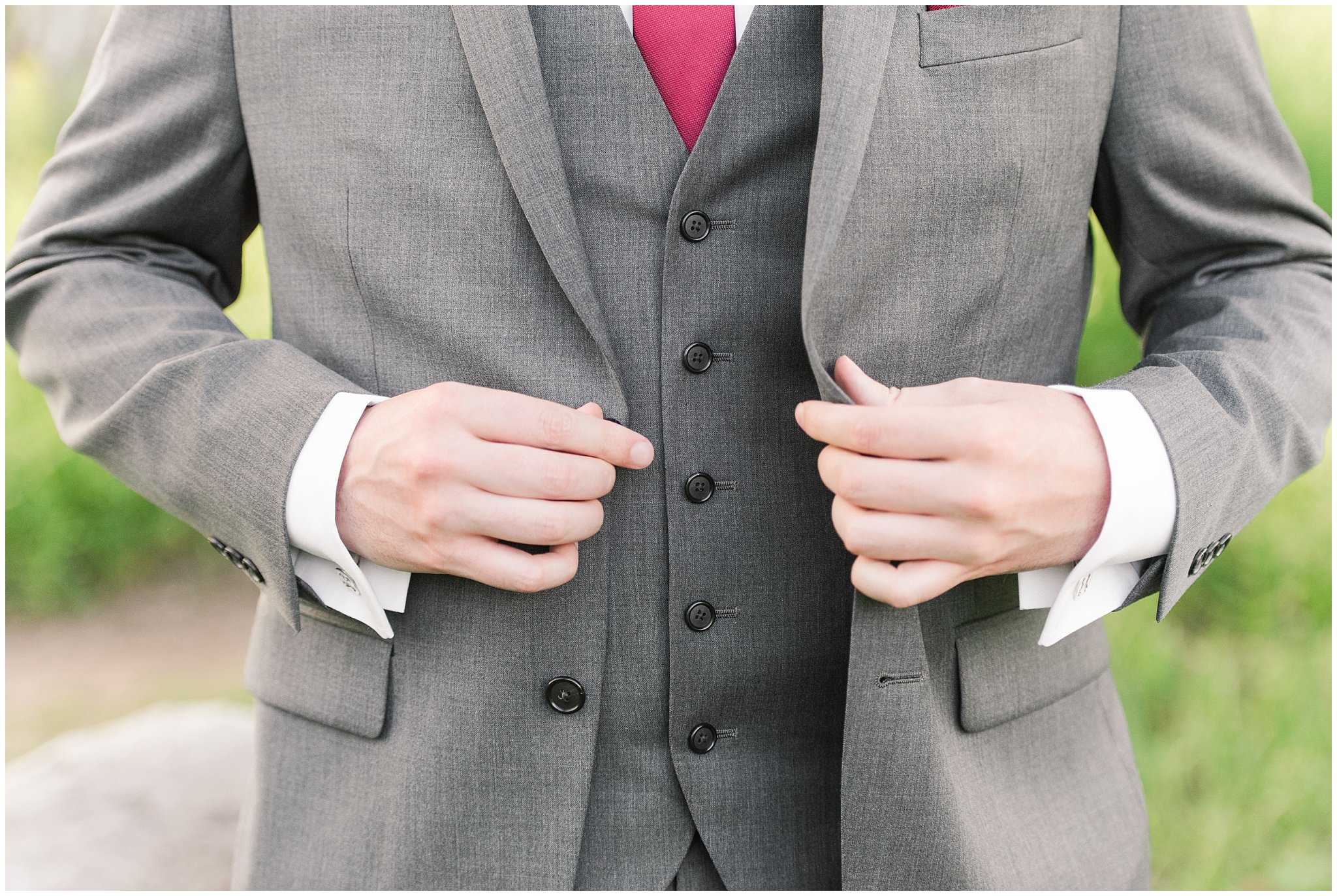 Groom portraits in the mountains | Groom in grey suit and bride in beige and white dress | Snowbasin Summer Formal Session | Utah Wedding Photographers | Jessie and Dallin