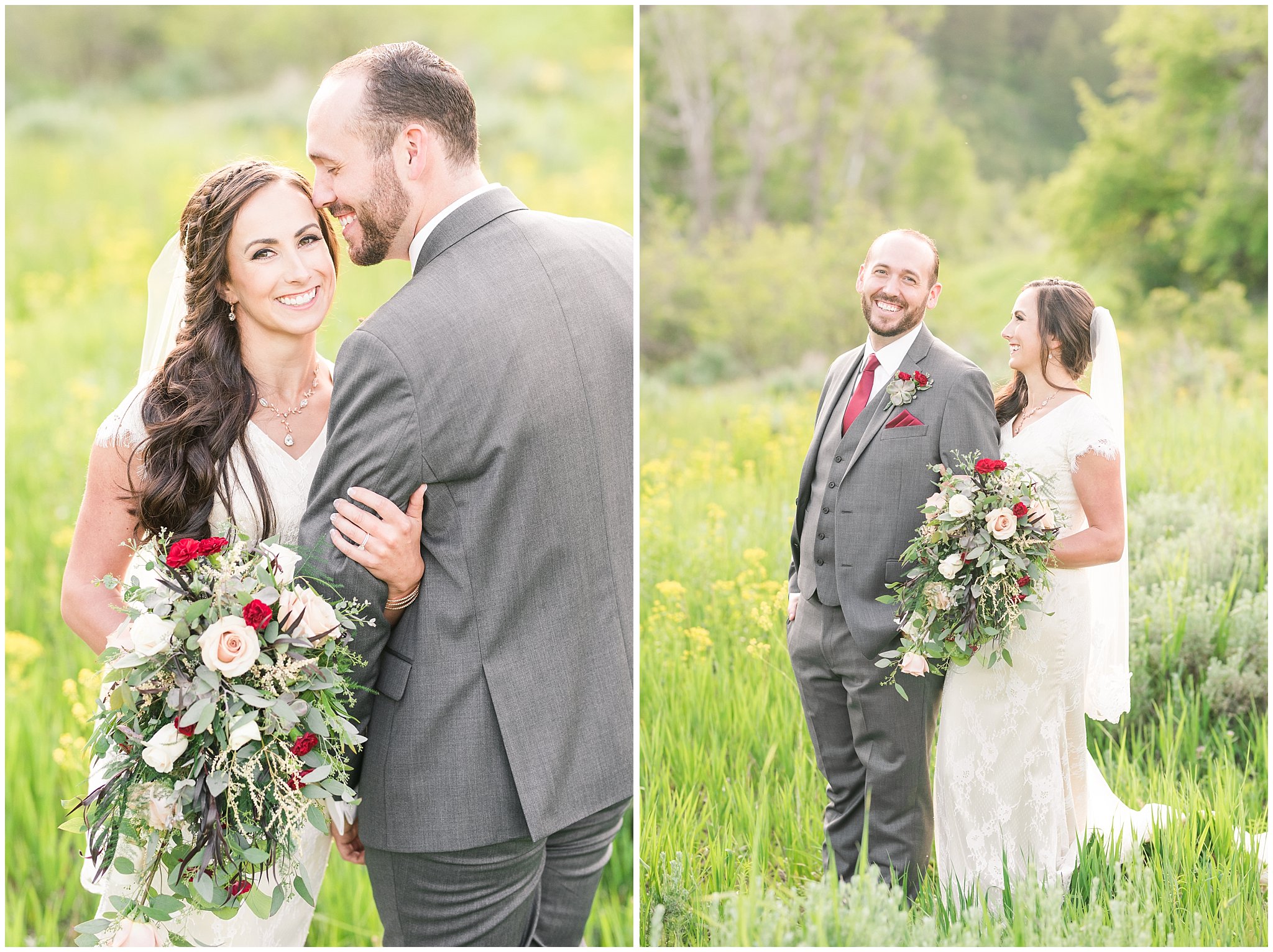 Bride and groom portraits in the mountains | Groom in grey suit and bride in beige and white dress with waterfall bouquet | Snowbasin Summer Formal Session | Utah Wedding Photographers | Jessie and Dallin