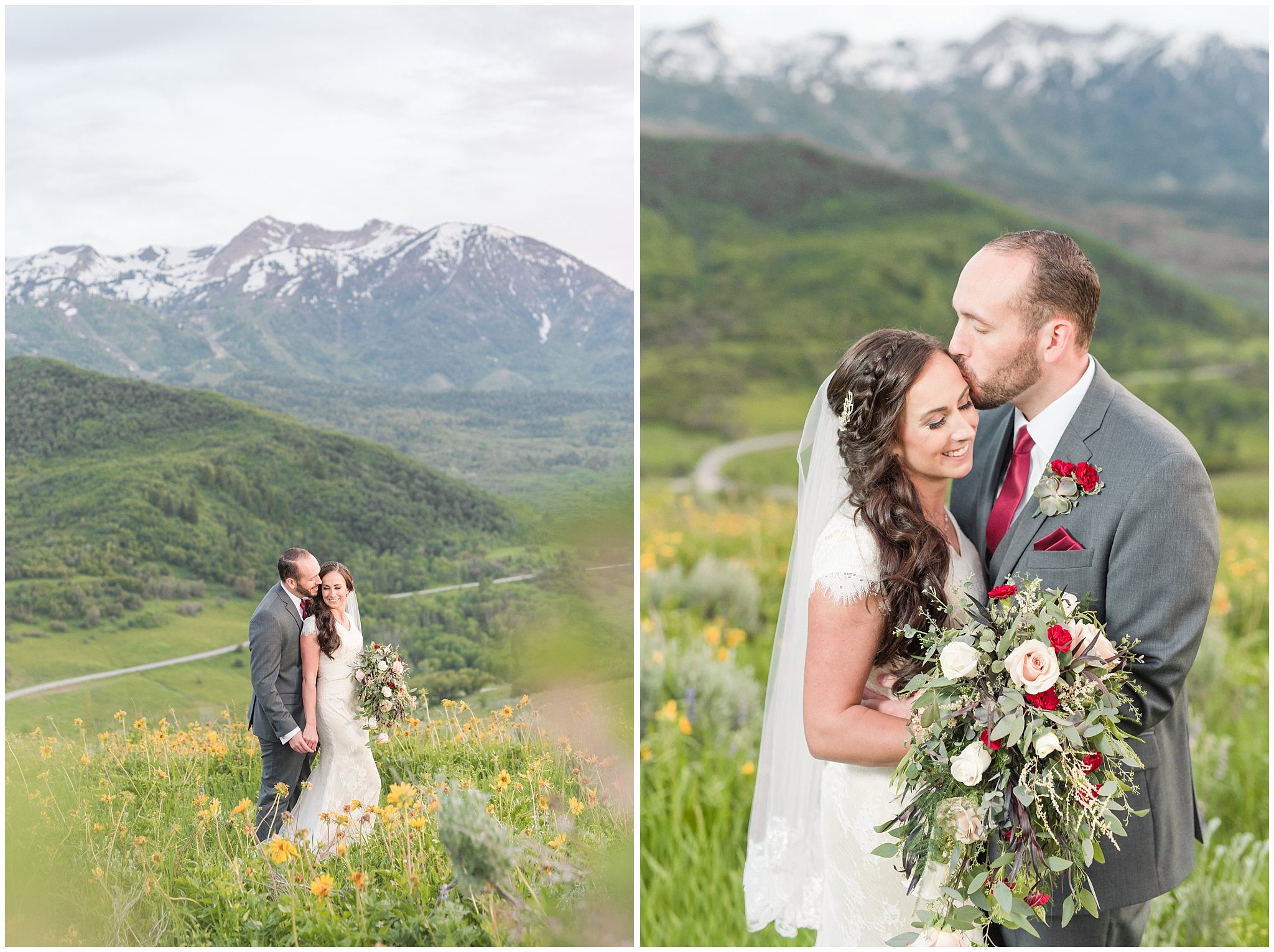 Bride and groom portraits in the mountains | Groom in grey suit and bride in beige and white dress with waterfall bouquet | Snowbasin Summer Formal Session | Utah Wedding Photographers | Jessie and Dallin