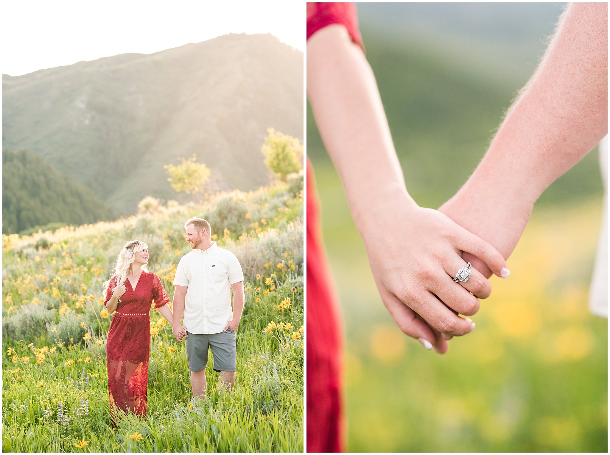 Couple in red lace dress in the sunflowers with mountain peaks | Wildflower Engagement in the Utah Mountains | Utah Engagement Photography | Jessie and Dallin Photography