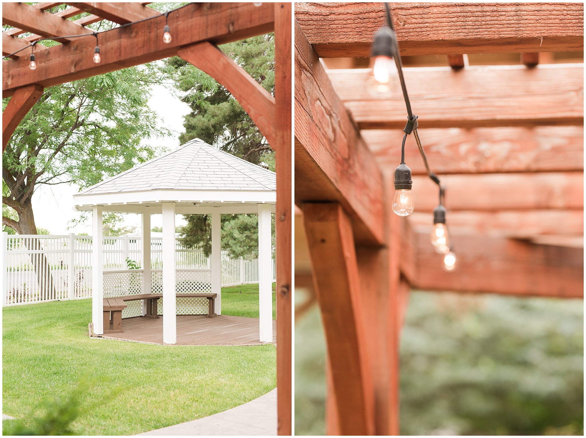 Gazebo and hanging lights on pergolas | Oak Hills Reception and Event Center | Utah Wedding Venue | Jessie and Dallin Photography