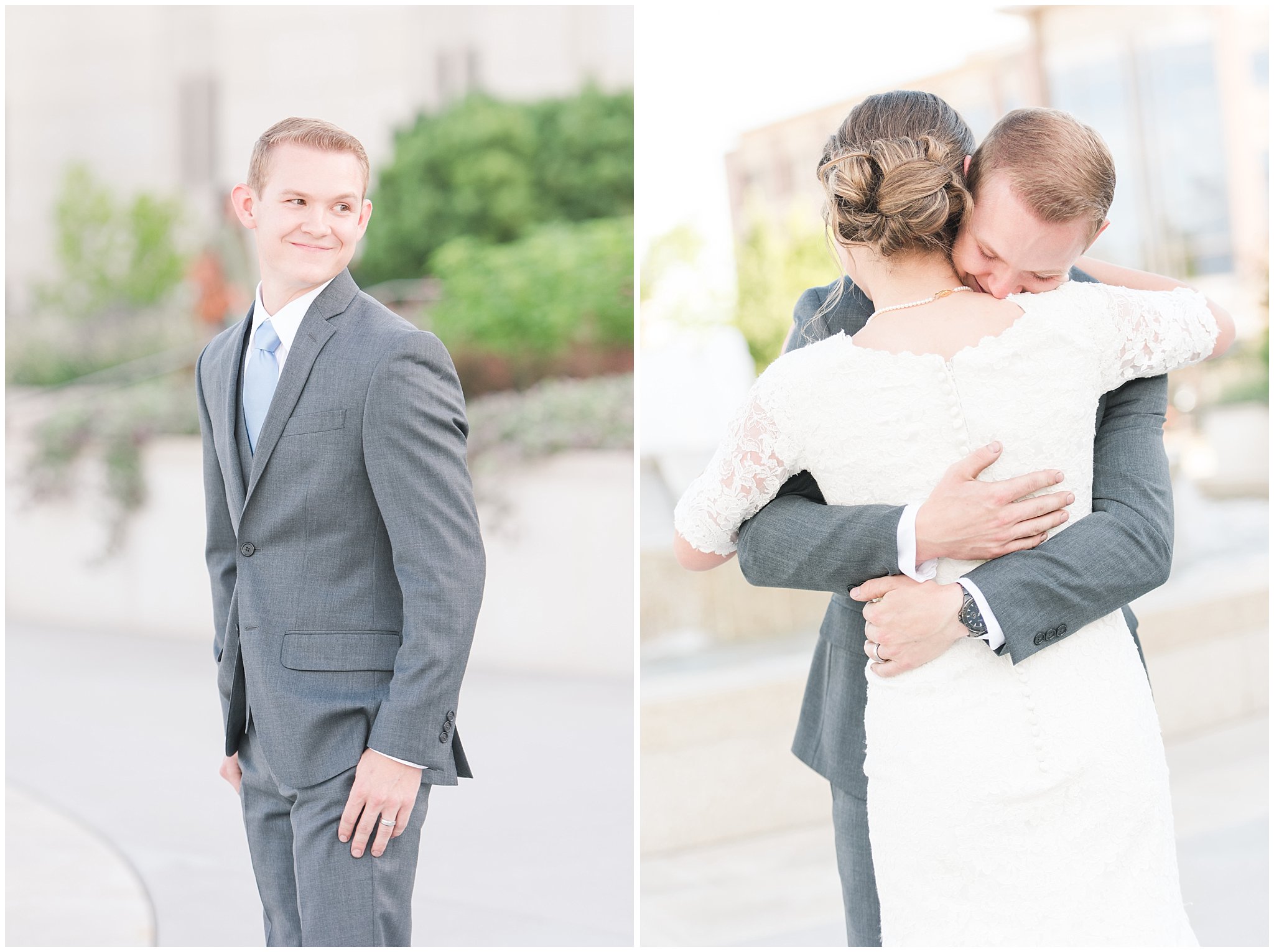 Bride and groom share first look | Ogden Temple Summer Formal Session | Ogden Temple Wedding | Jessie and Dallin Photography